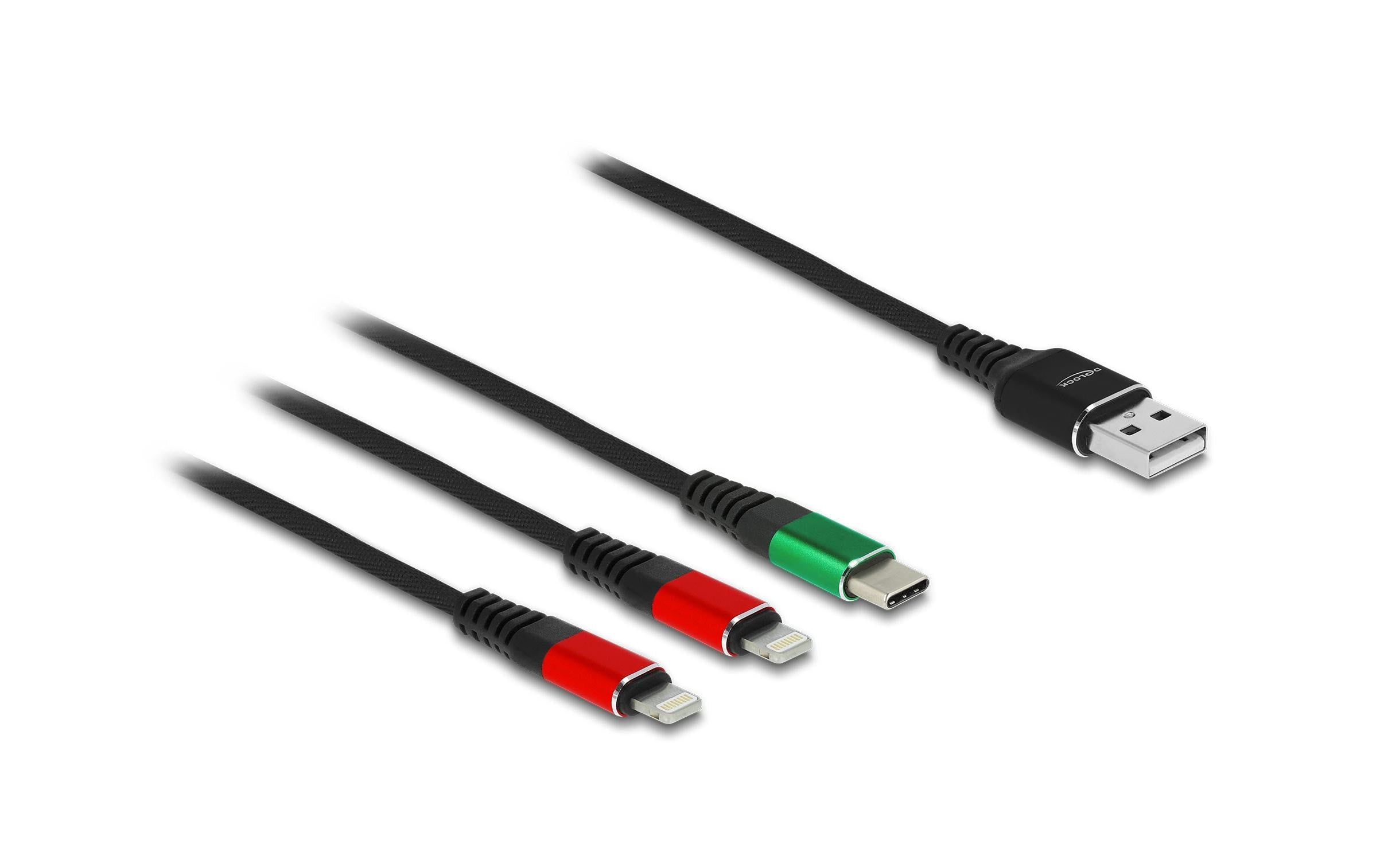Delock USB2.0-Ladekabel 3 in 1, 1m Typ-A zu 2x Lightning / USB Type-C
