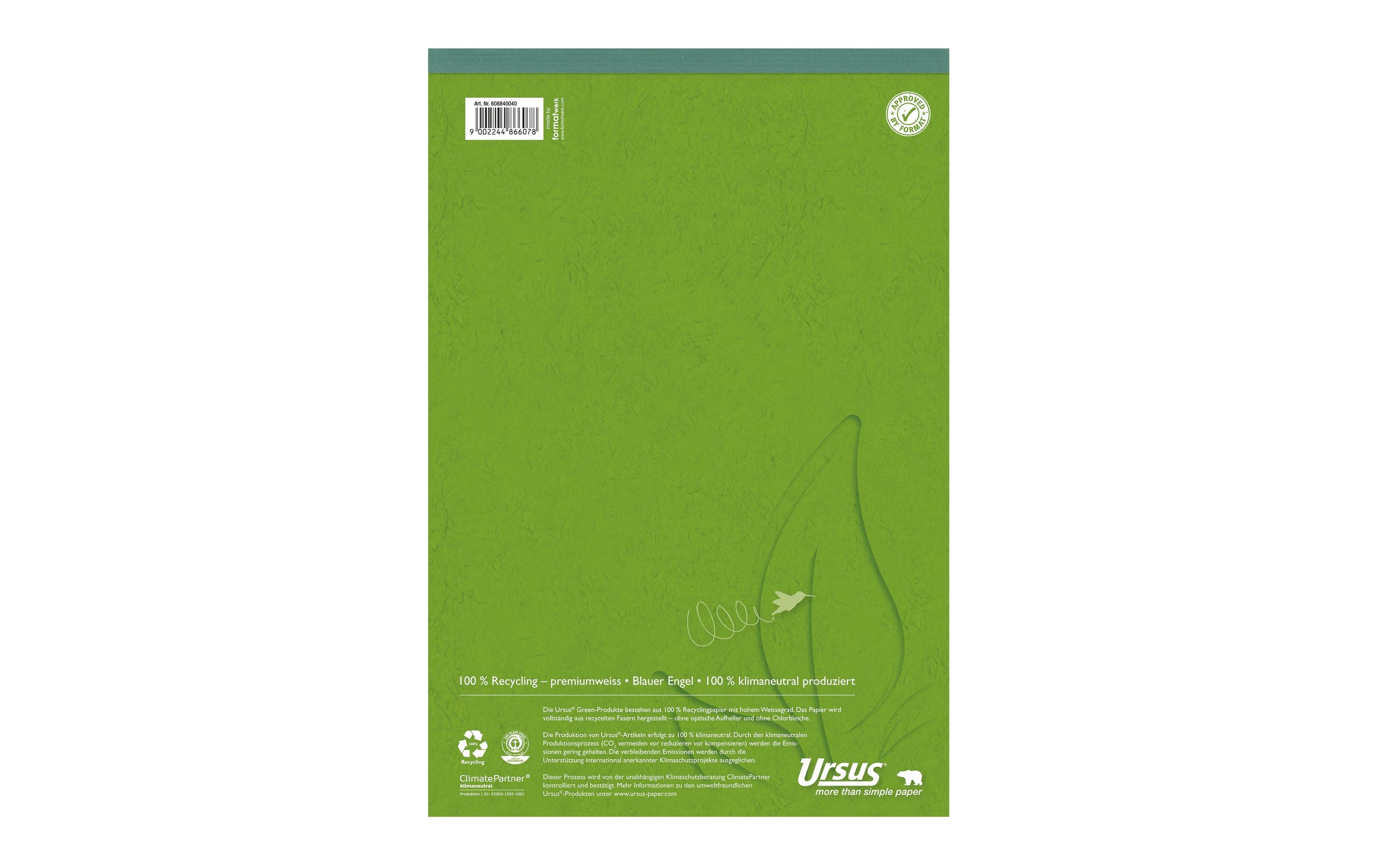 Ursus Green Notizblock Recycling,  5 Stk A4, 4 mm kariert