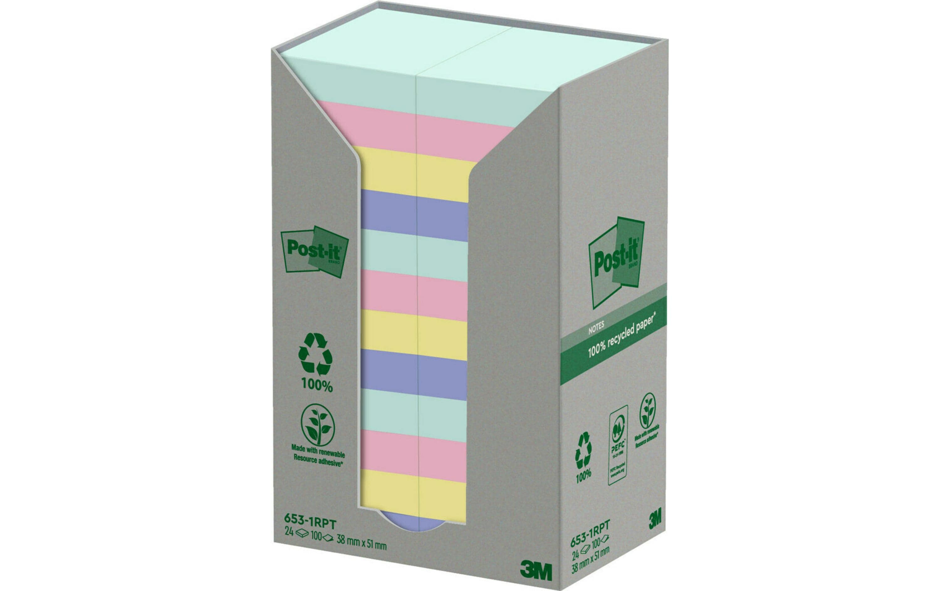 3M Post-it Recyclign Notes farbig 24 Blöcke à 100 Blatt 51 x 38 mm