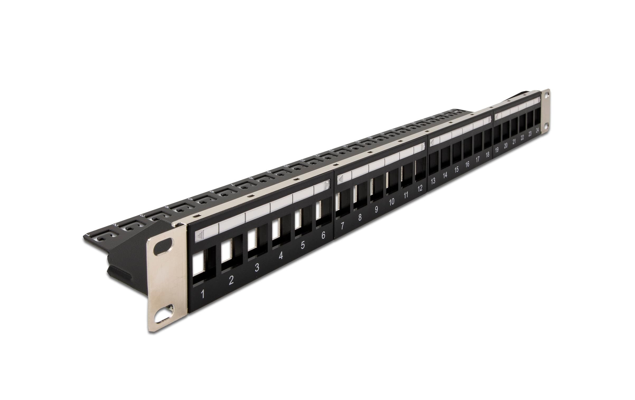 Delock 19" Keystone Patchpanel mit Entlastungsschiene, 24 Port, schwarz