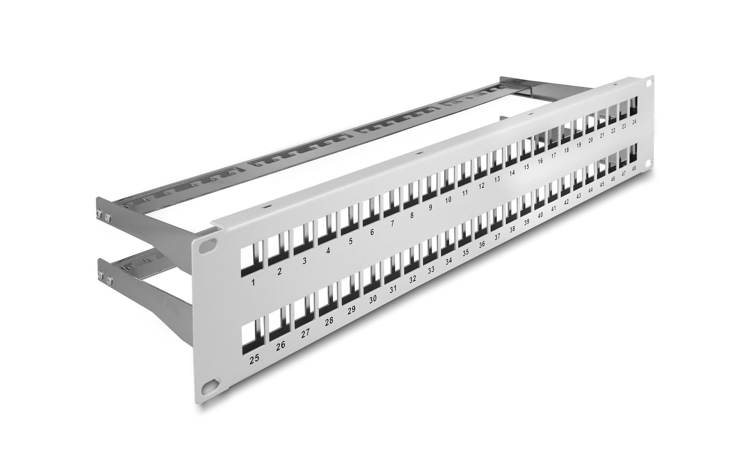 Delock 19" Keystone Patchpanel mit Entlastungsschiene,48 Port,2 HE,grau