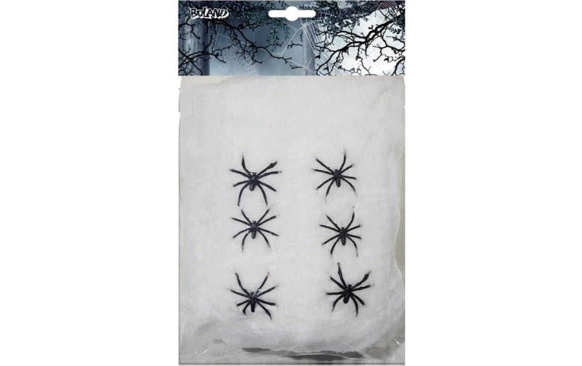 Halloween Spinnennetz weiss 100 g, mit 6 schwarzen Spinnen