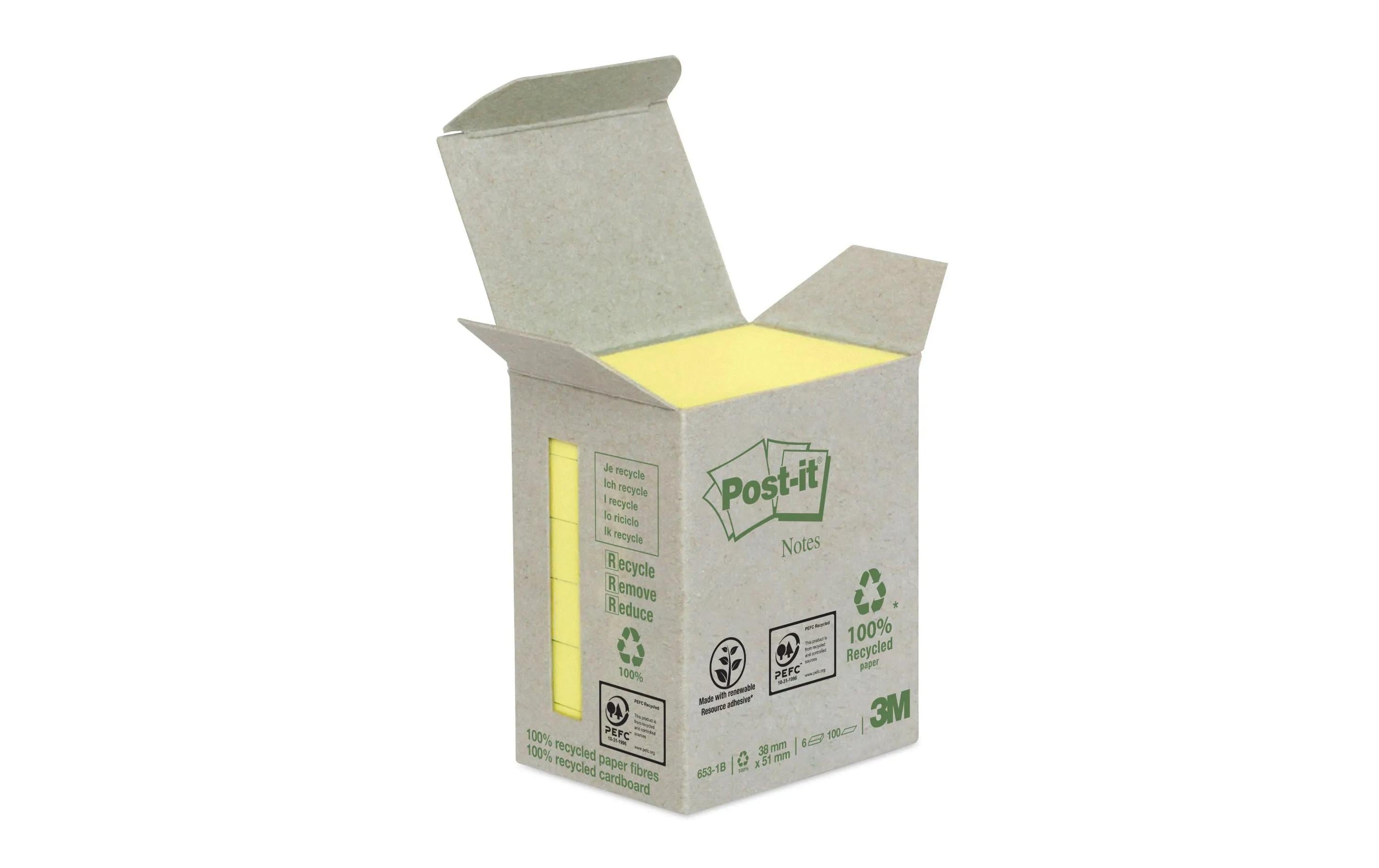 Post-it Haftnotizen Recycling gelb 38 x 51 mm, 6 Blöcke à 100 Blatt