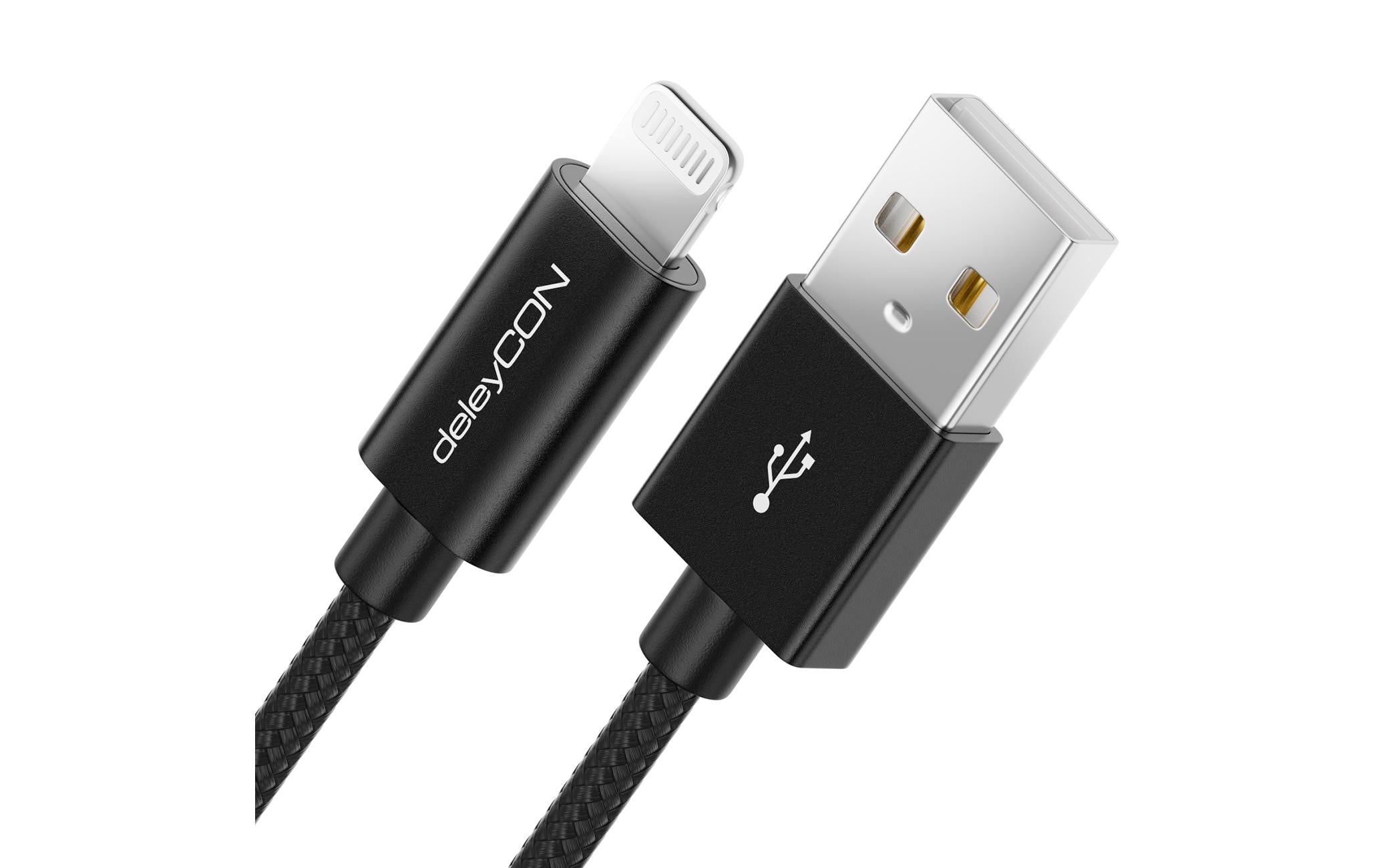 DeleyCON Lightning-USB Kabel 0.15m, Black Nylon Ladekabel, MFI zertifiziert