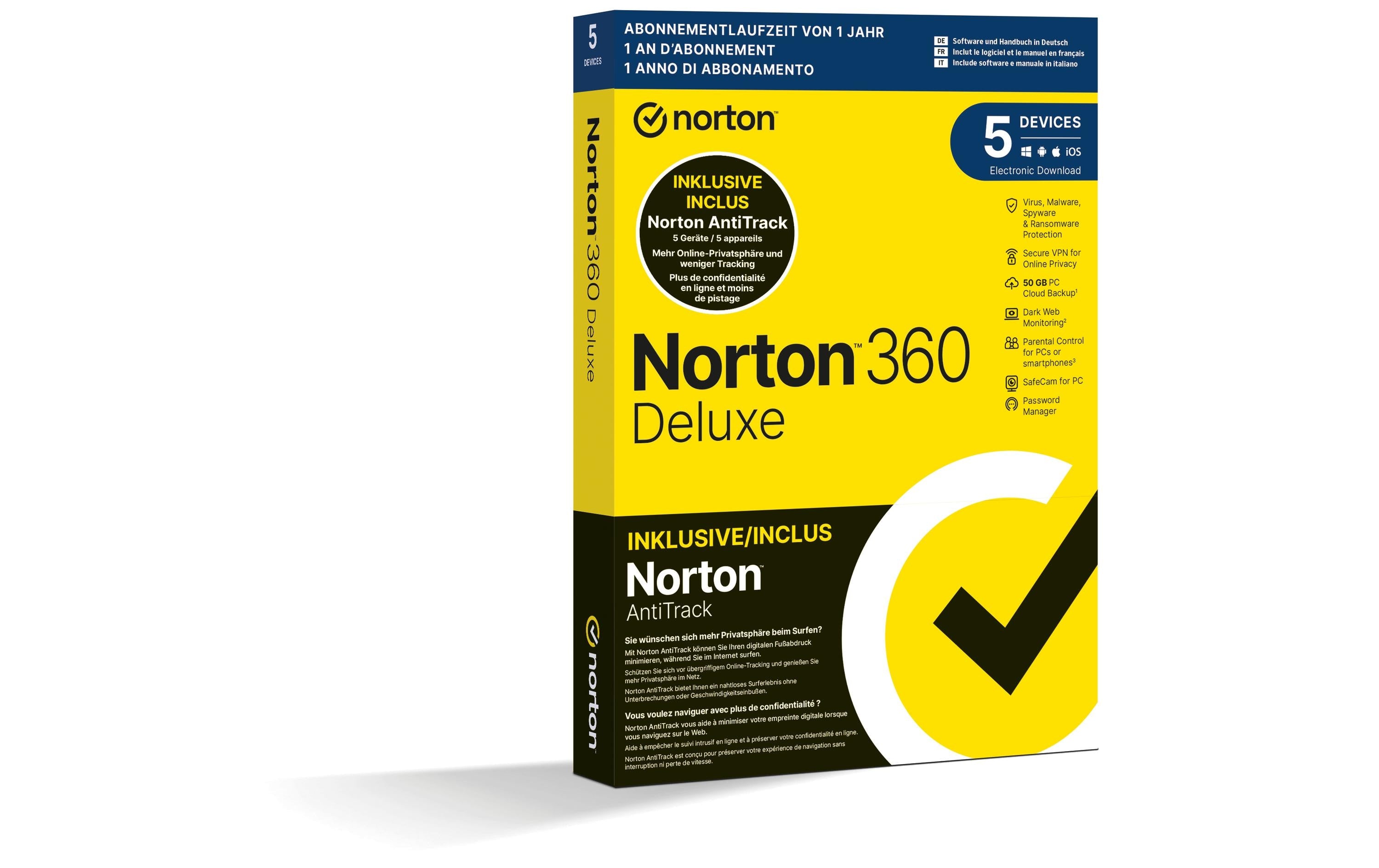 Norton 360 Deluxe w/AntiTrack Box, 5 PC, 1J, 50GB