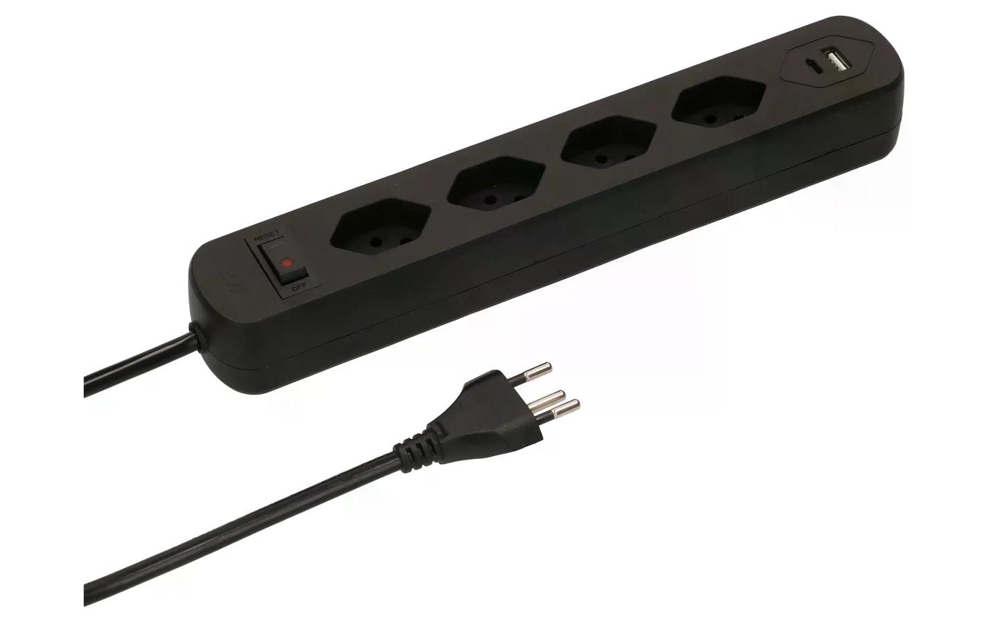 Max Hauri Steckdosenleiste Basic-Line 4x T13, 1x USB-A/C, schwarz, 1.5m Kabel