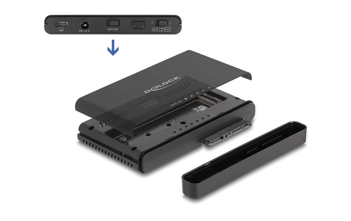 Delock USB-C Konverter für 1x M.2 NVMe SSD +1x SATA SSD/HDD mit Klon Funktion