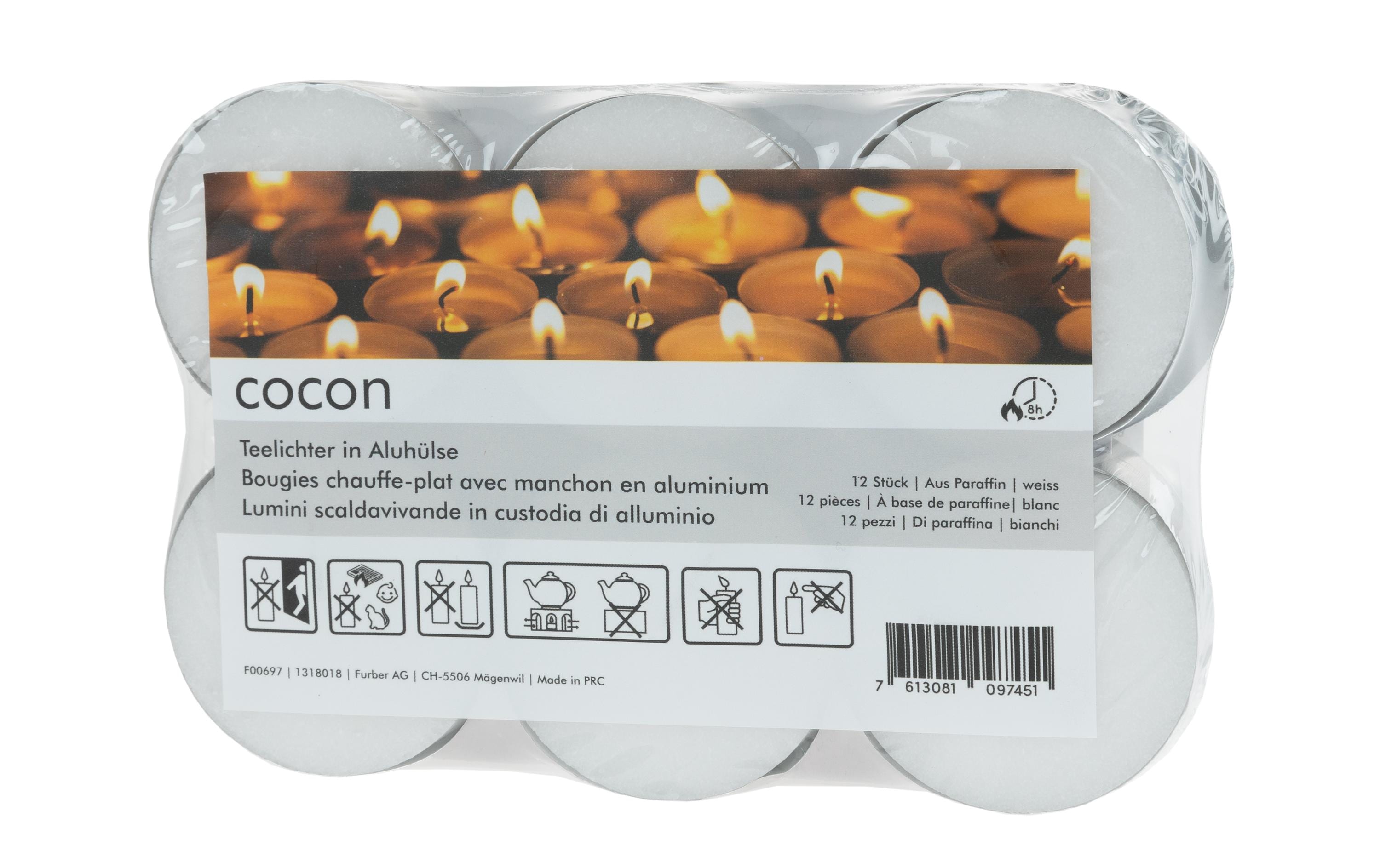 COCON Teelichter gross in Aluhülse 12 Stk. Weiss, Brenndauer 8 Stunden,