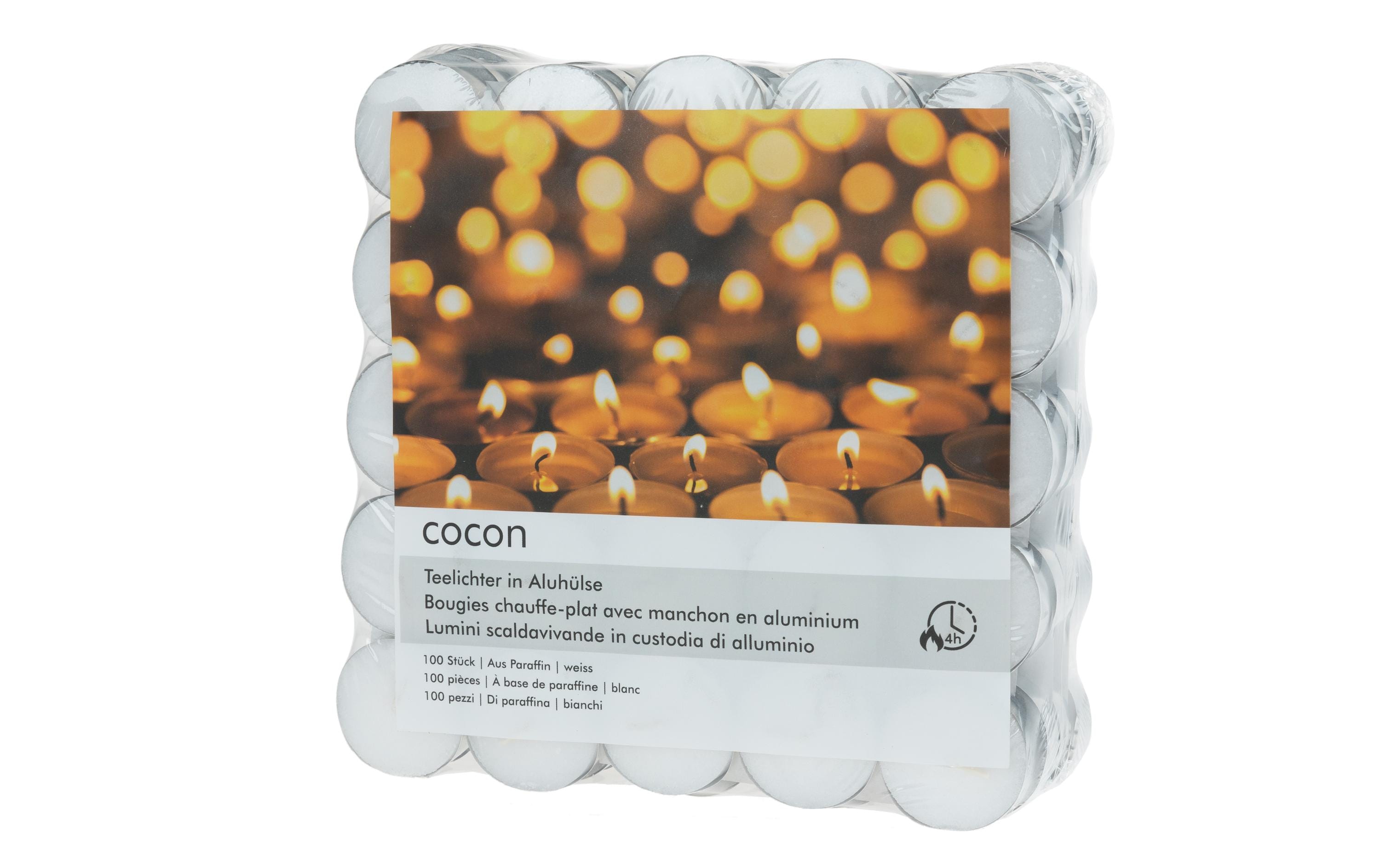 COCON Teelichter klein in Aluhülse 100 Stk. Weiss, Brenndauer 4 Stunden,