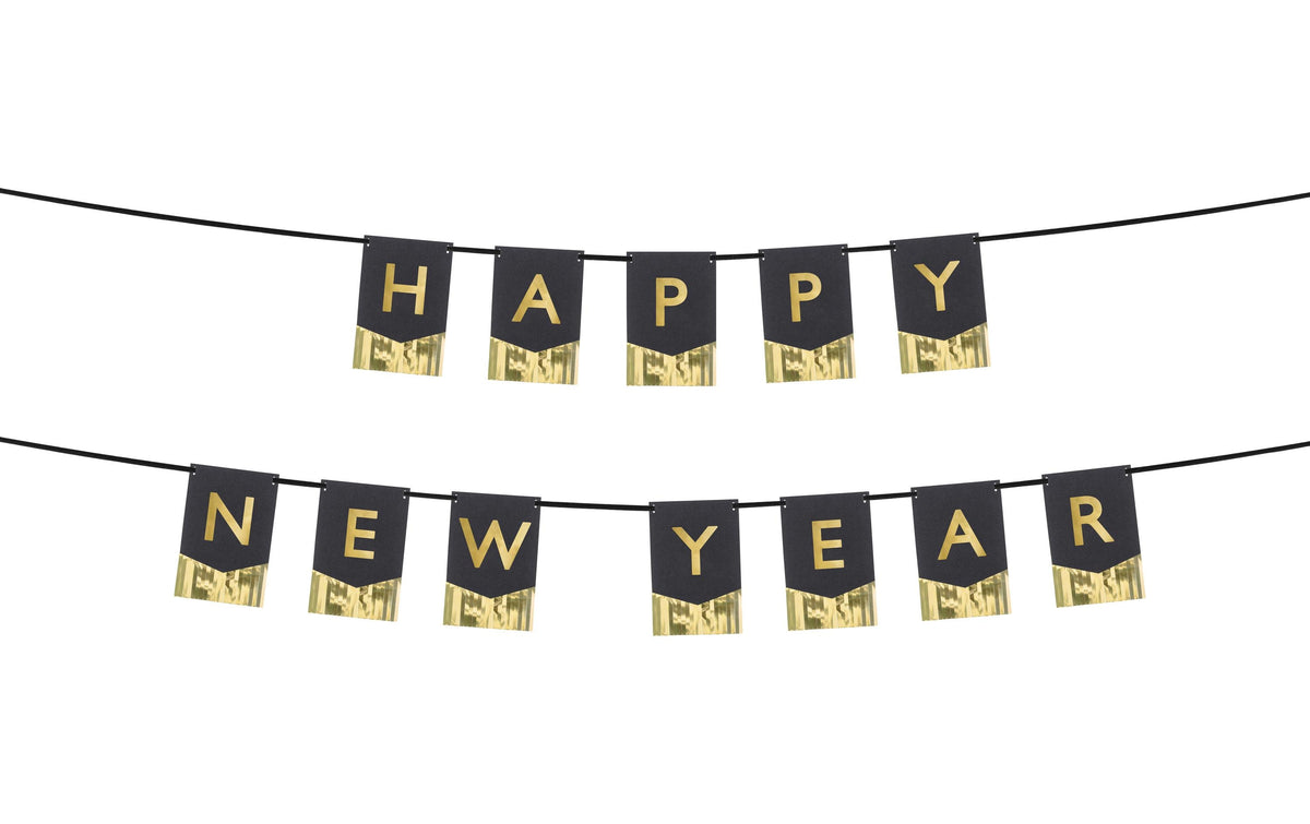 Partydeco Girlande Happy New Year Fahnen schwarz, 135 x 16.5 cm, 1 Stück