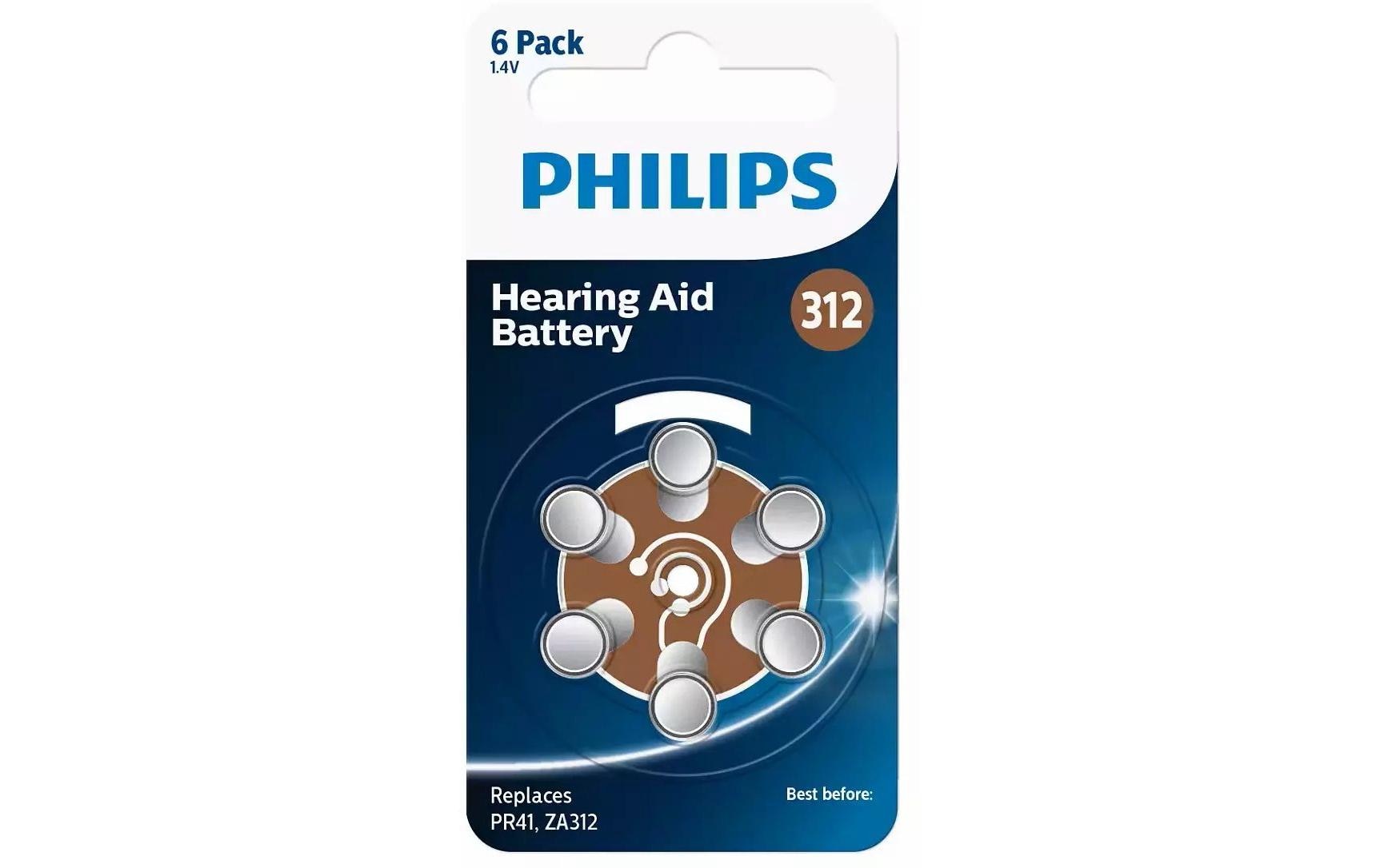 Philips Hörgerätbatterie ZA312 1.4 V, Hörhilfe/Zink-Luft, 6 Stück
