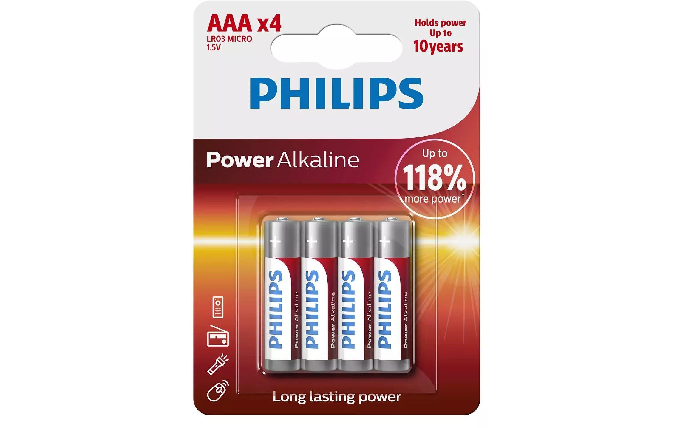 Philips Batterie Power Alkaline AAA 1.5 V, LR03 Alkaline, 4 Stück