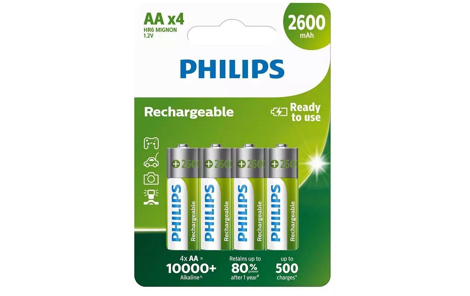 Philips Akku Rechargeable AA 2600 mAh, AA Nickel-Metall-Hydrid, 4 Stück