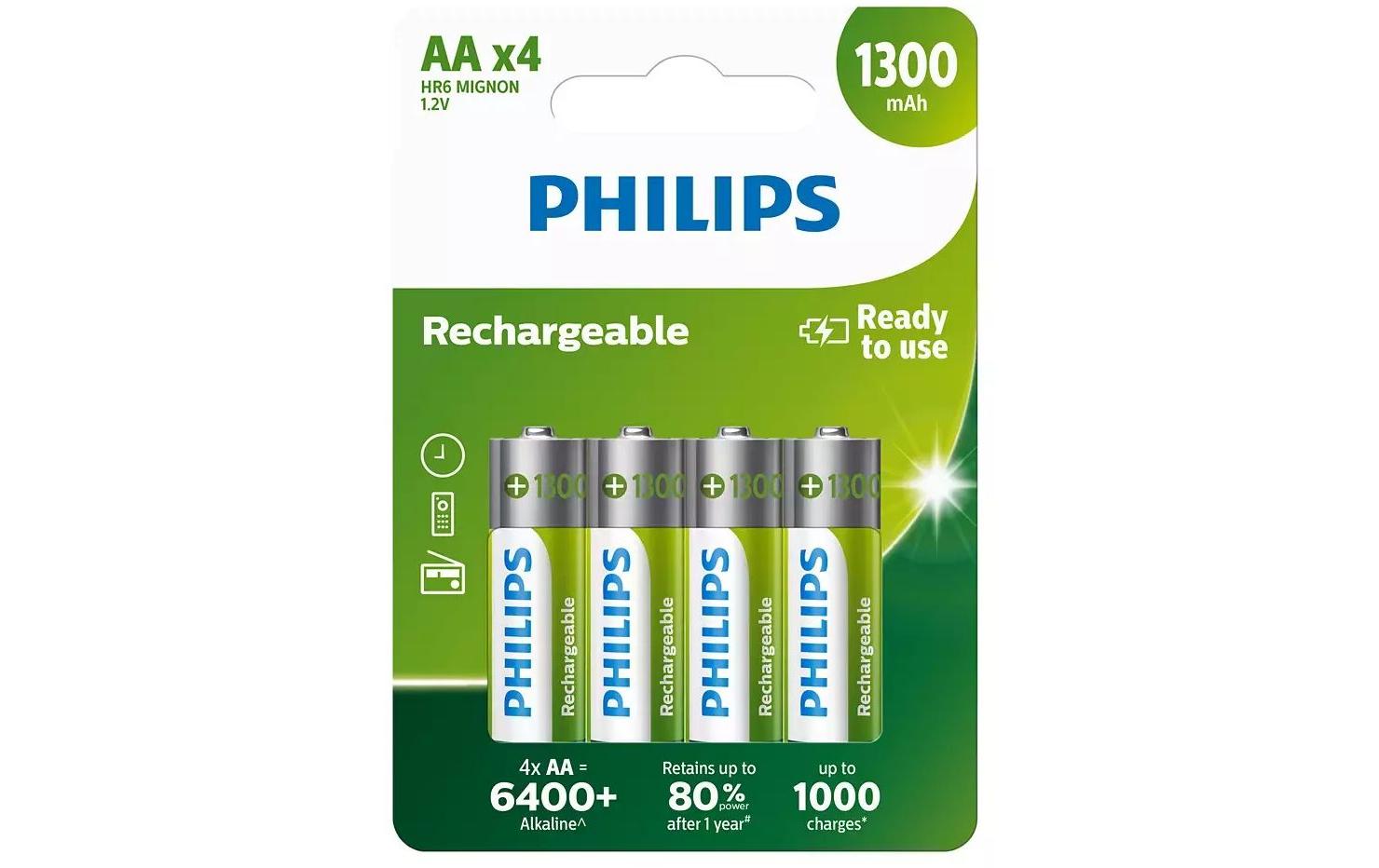 Philips Akku Rechargeable AA 1300 mAh, AA Nickel-Metall-Hydrid, 4 Stück