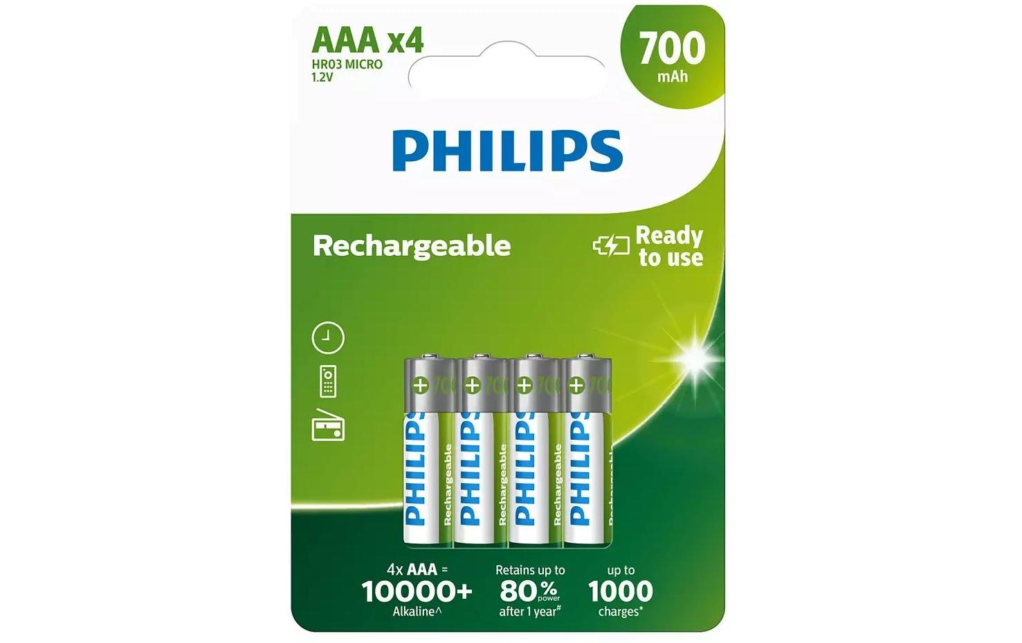 Philips Akku Rechargeable AAA 700 mAh, AAA Nickel-Metall-Hydrid, 4 Stück
