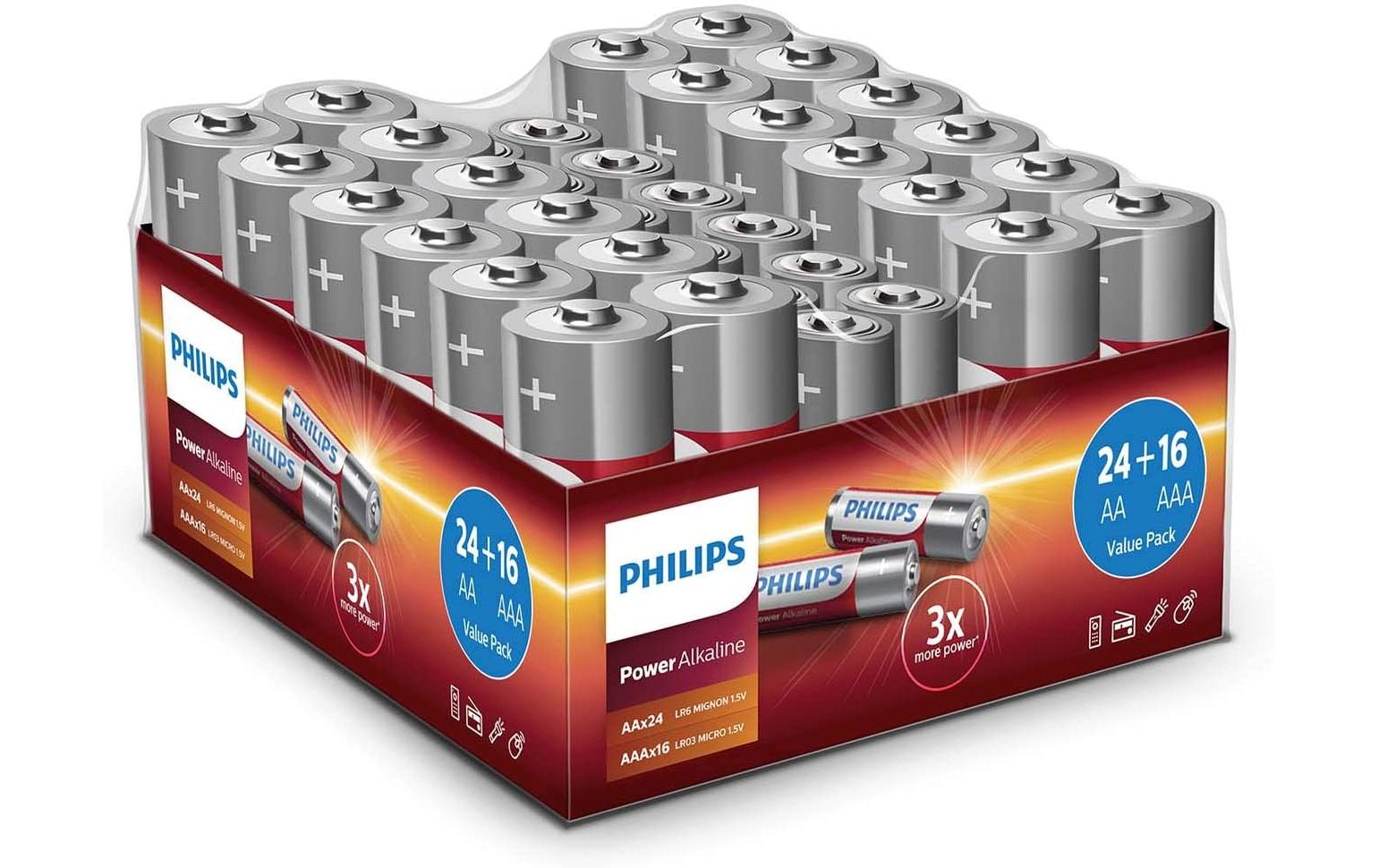 Philips Batterie Alkaline Pack, 40 Stück 1.5 V, 24x AA, 16x AAA, LR03 & LR6 Alkaline