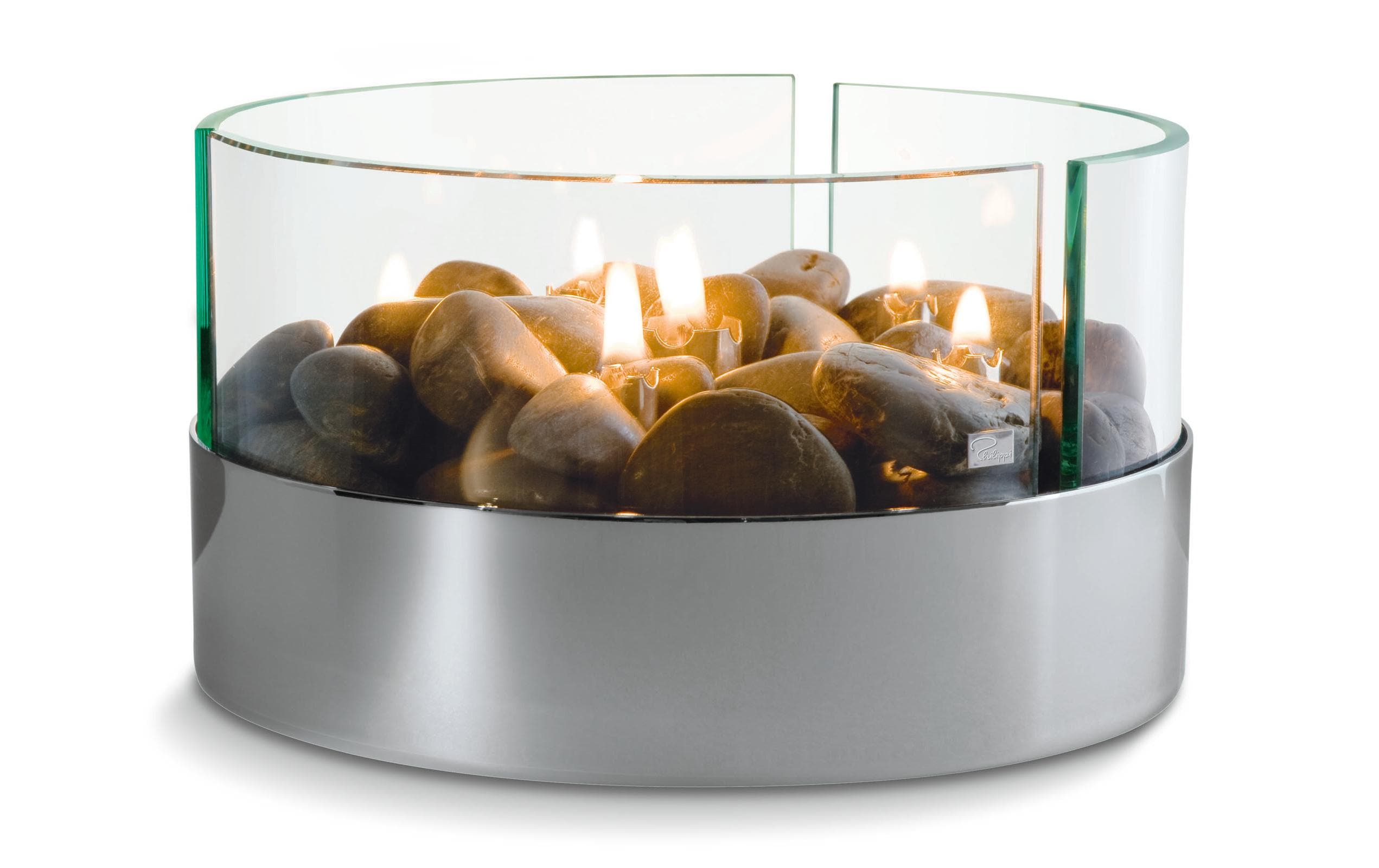 Philippi Burn Tischkamin mit Flusssteine verchromt, Glas, D:20x13cm