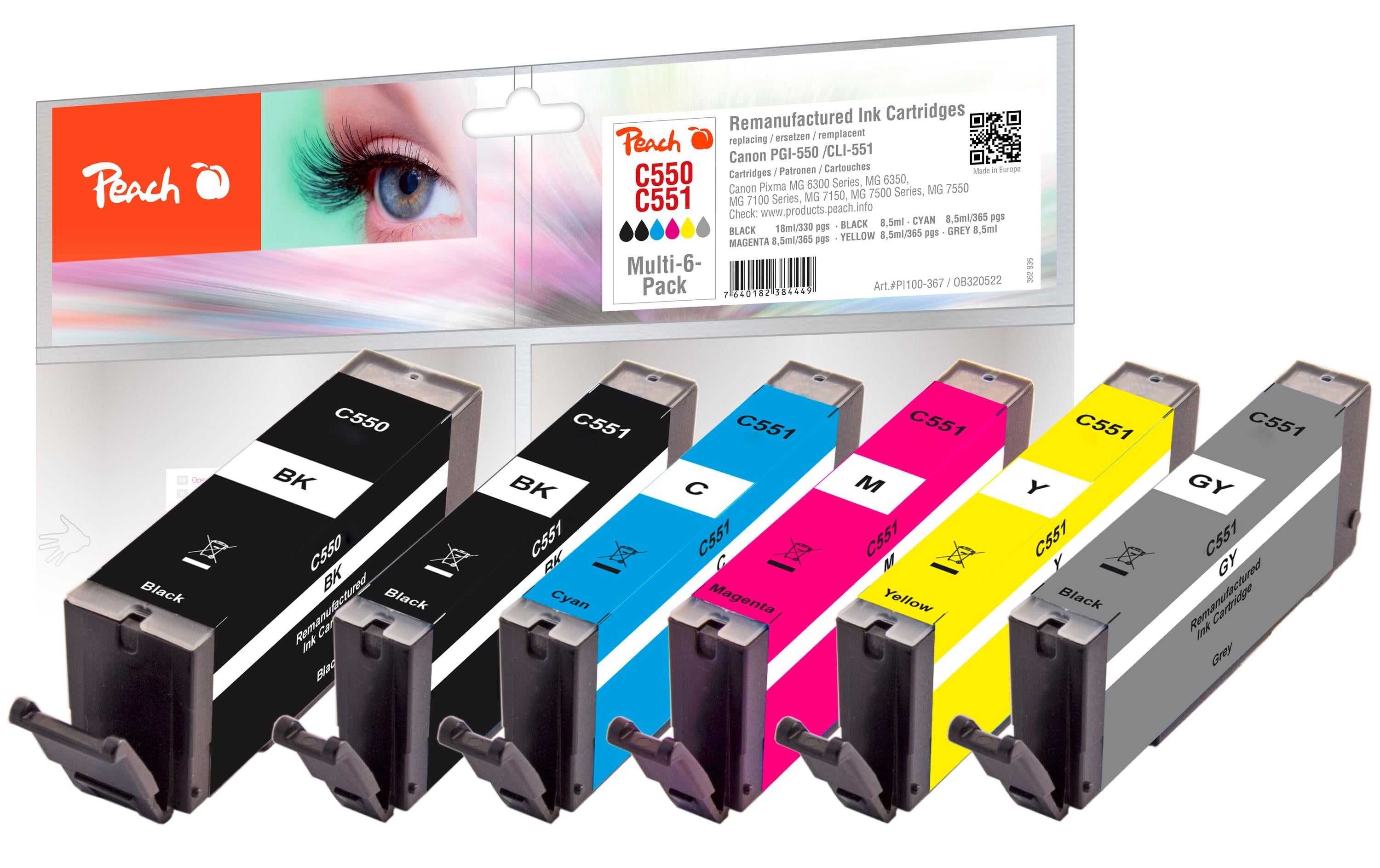 Peach Canon PGI-550/CLI-551,Multi-6-Pack 1x13, 5x8.5 ml,320, 505, 470, 500S.