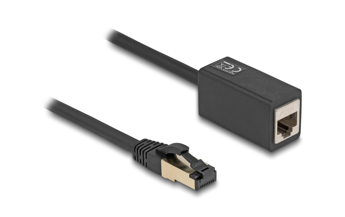 Delock Verlängerungskabel: S/FTP RJ45-RJ45 Stecker zu Buchse, Cat.8.1, 1m, schwarz