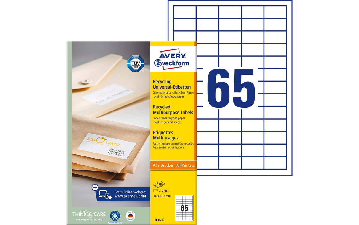 Avery Zweckform Recycling Etik. 38x21,2mm Inhalt: 6.500 Etik. / 100 Blatt