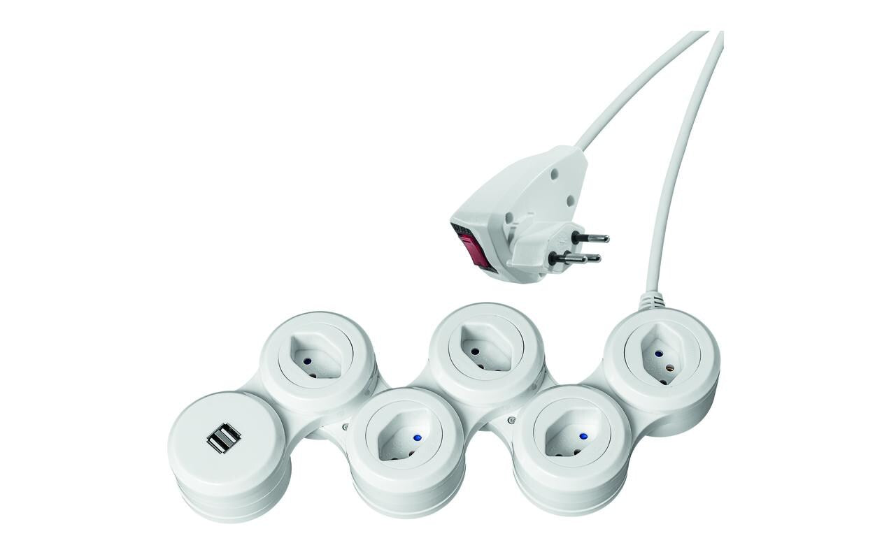 Steffen Steckdosenleiste SNAKE weiss 5xT13 + 2xUSB-A 1.5m mit Schalter