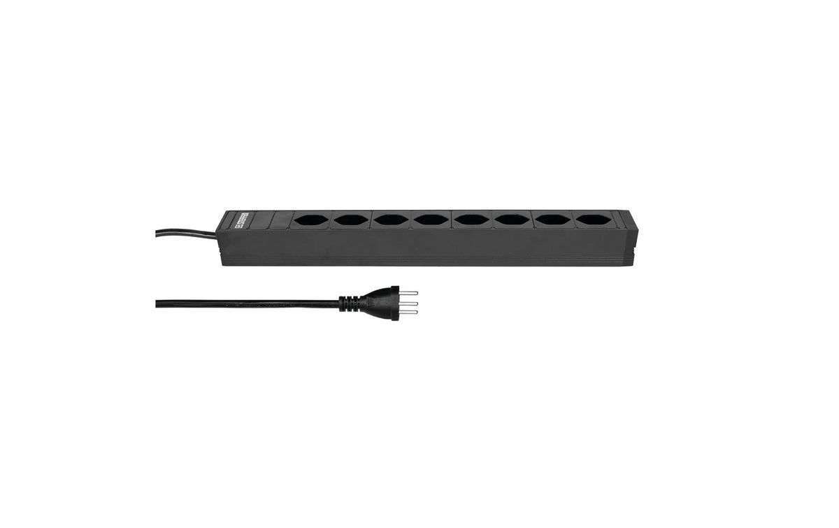 Steckdosenleiste ALUMODULAR, 8xT23, schwarz 3m Kabel, Rack Halter 19