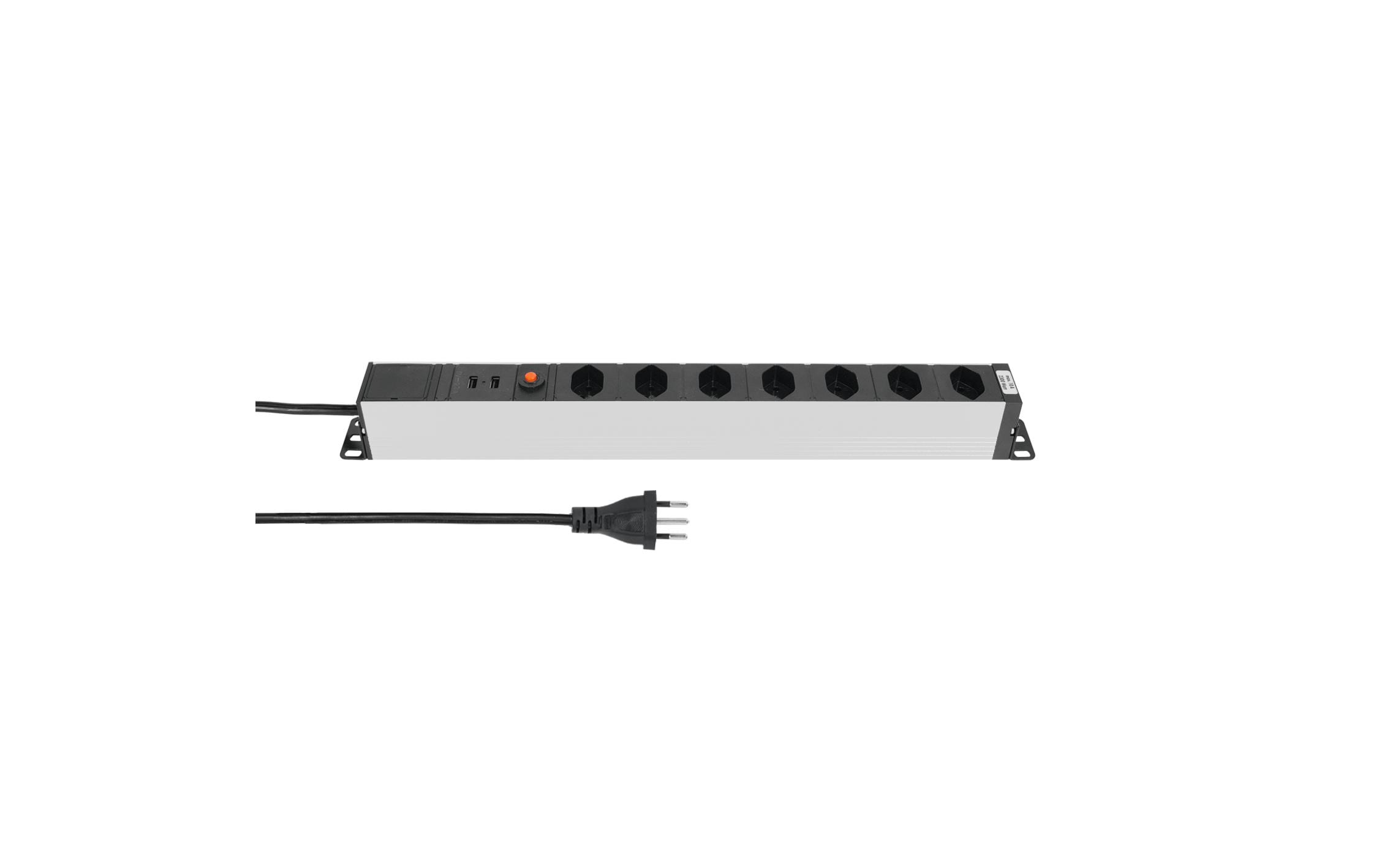 Steckdosenleiste ALUMODULAR 7xT13, silber 3m Kabel, 2xUSB A 5V 2.5A, Resetknopf