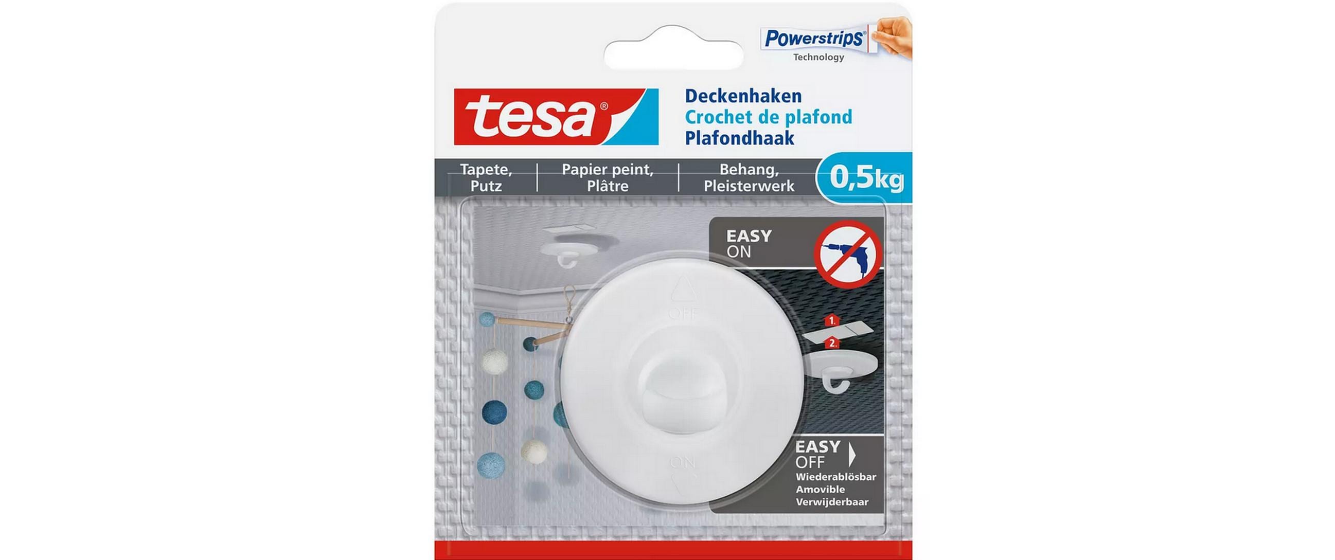 Tesa Deckenhaken - Set 3x selbstkle Tapeten & Putz