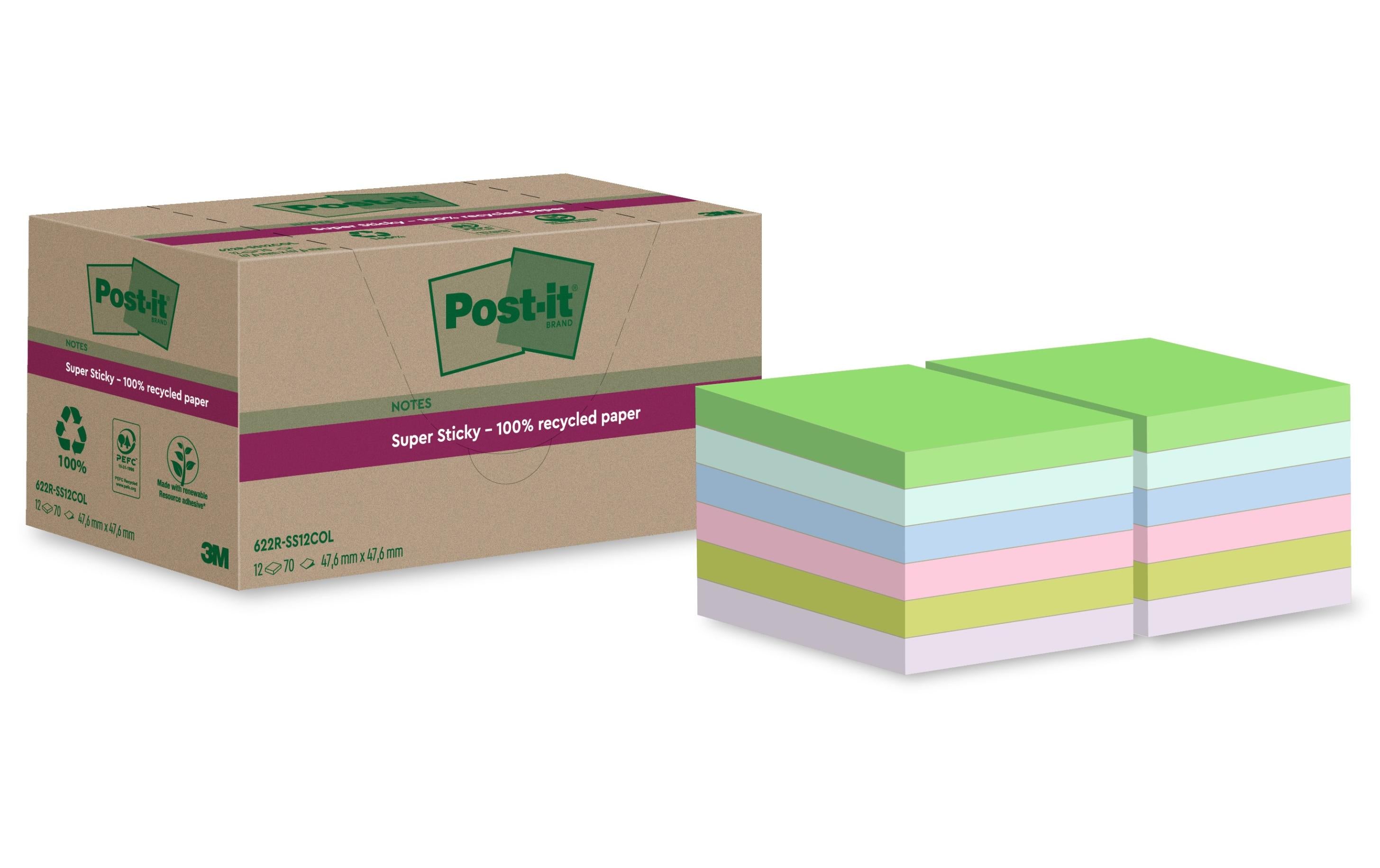 3M Post-it Recycling Notes 2x 6 Farben 12 Blöcke à 70 Blatt , 47.6 x 47.6 mm