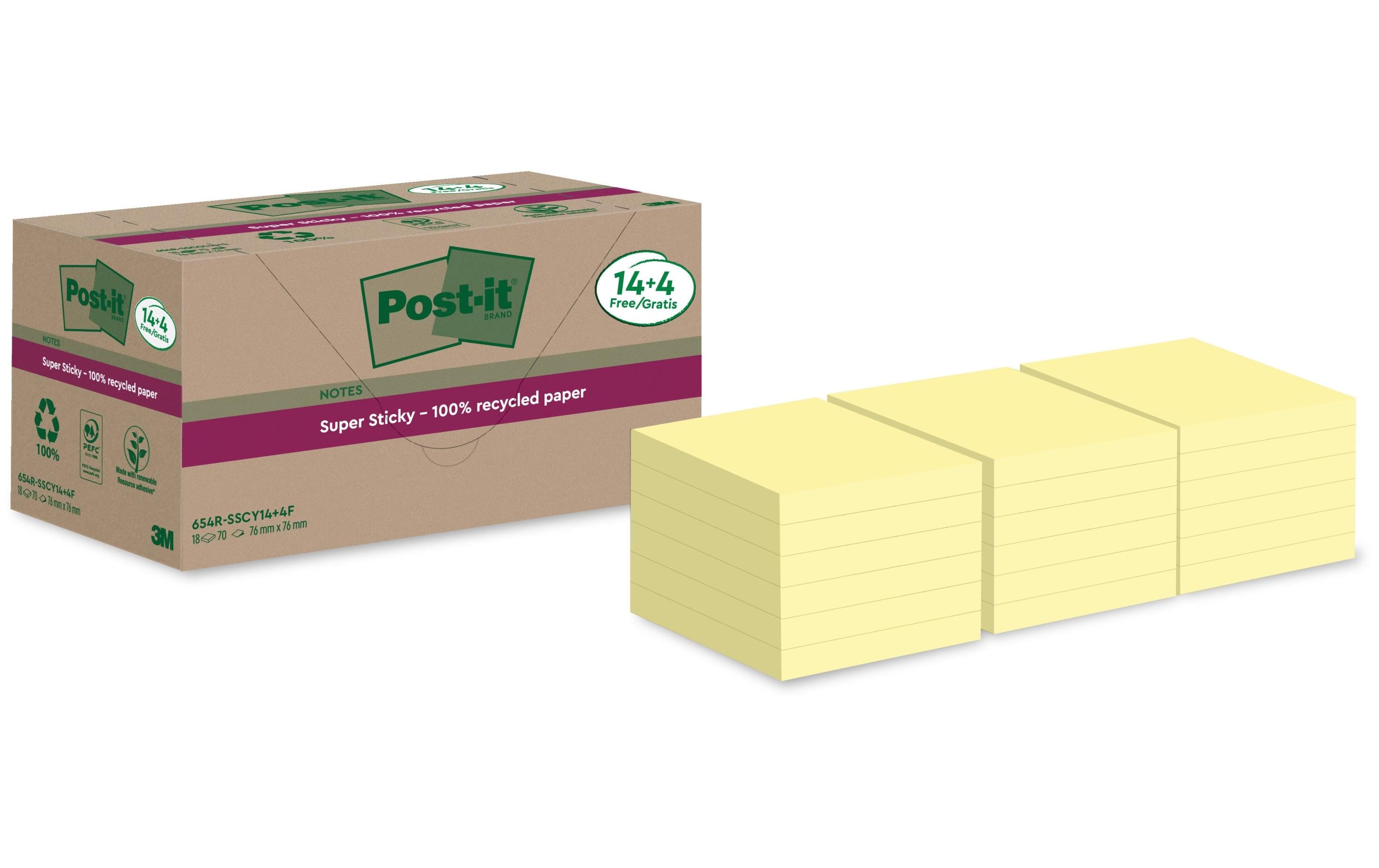 3M Post-it Recycling Notes gelb 18 Blöcke à 70 Blatt , 76 x 76 mm