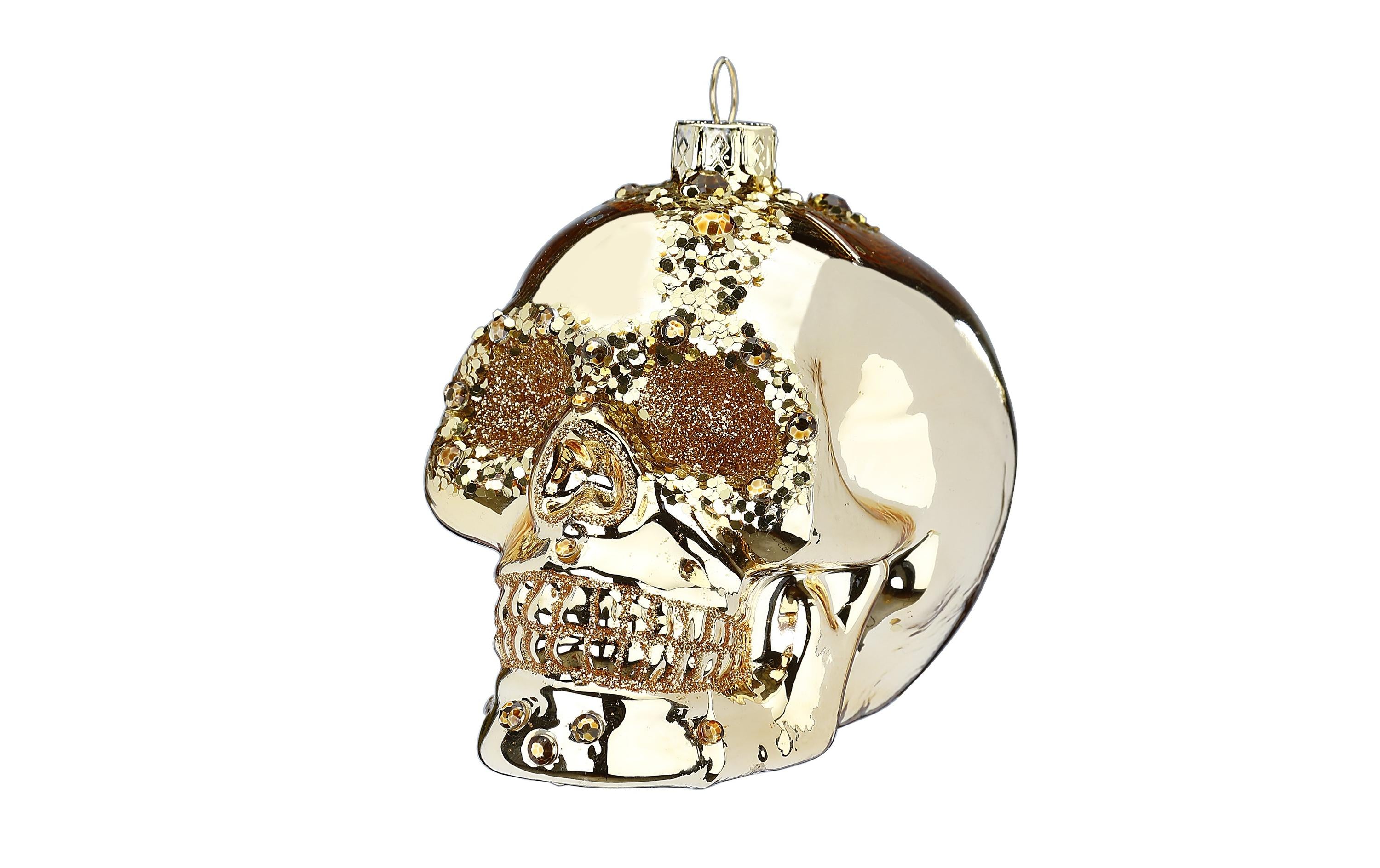 Inge Weihnachtskugel Totenkopf, Gold 2 Stück, Glas, 9 cm