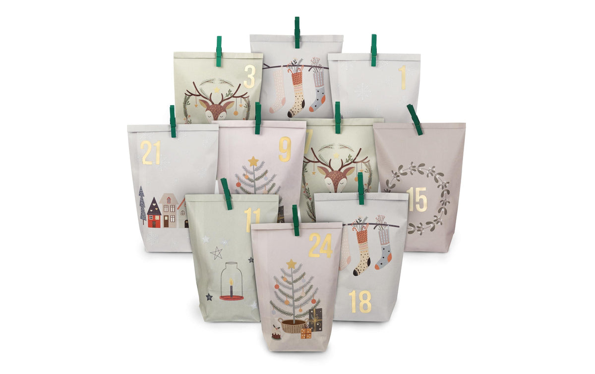 G. Wurm Adventskalender Tüten bedruckt mit Klammern, Papier, 24x21x2 cm (BxHxT)