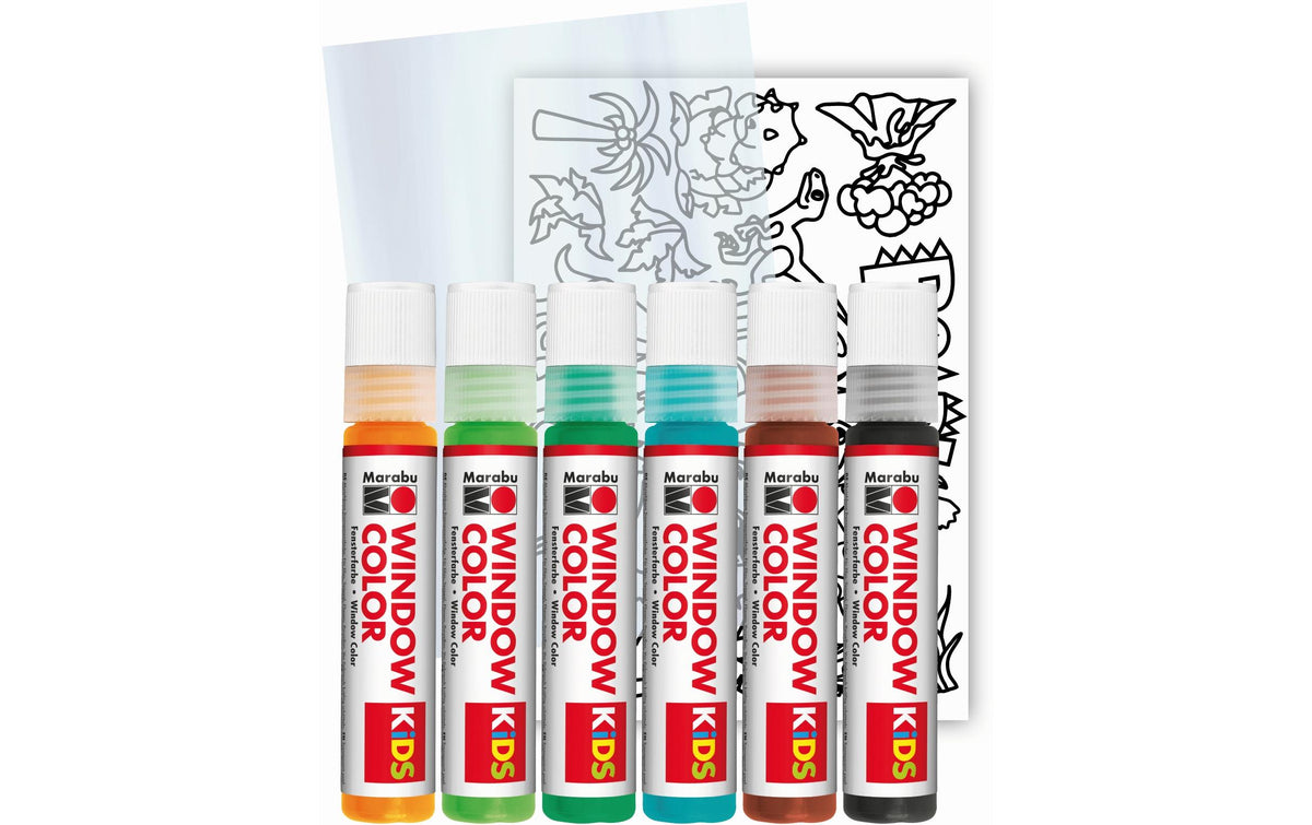 Marabu Window Color Dinosaurier 6 x 25ml, 1 Malvorlage, Malfolie