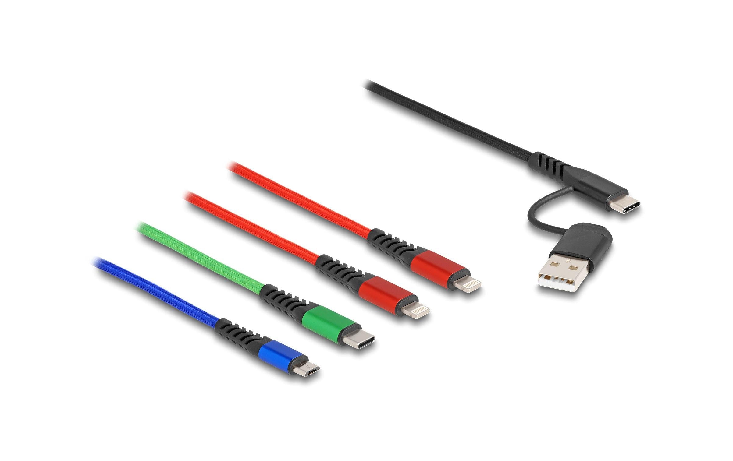 Delock USB Ladekabel 4 in 1 USB-A+C 2x Lightning/ Micro USB/ USB Type-C, 1.20m