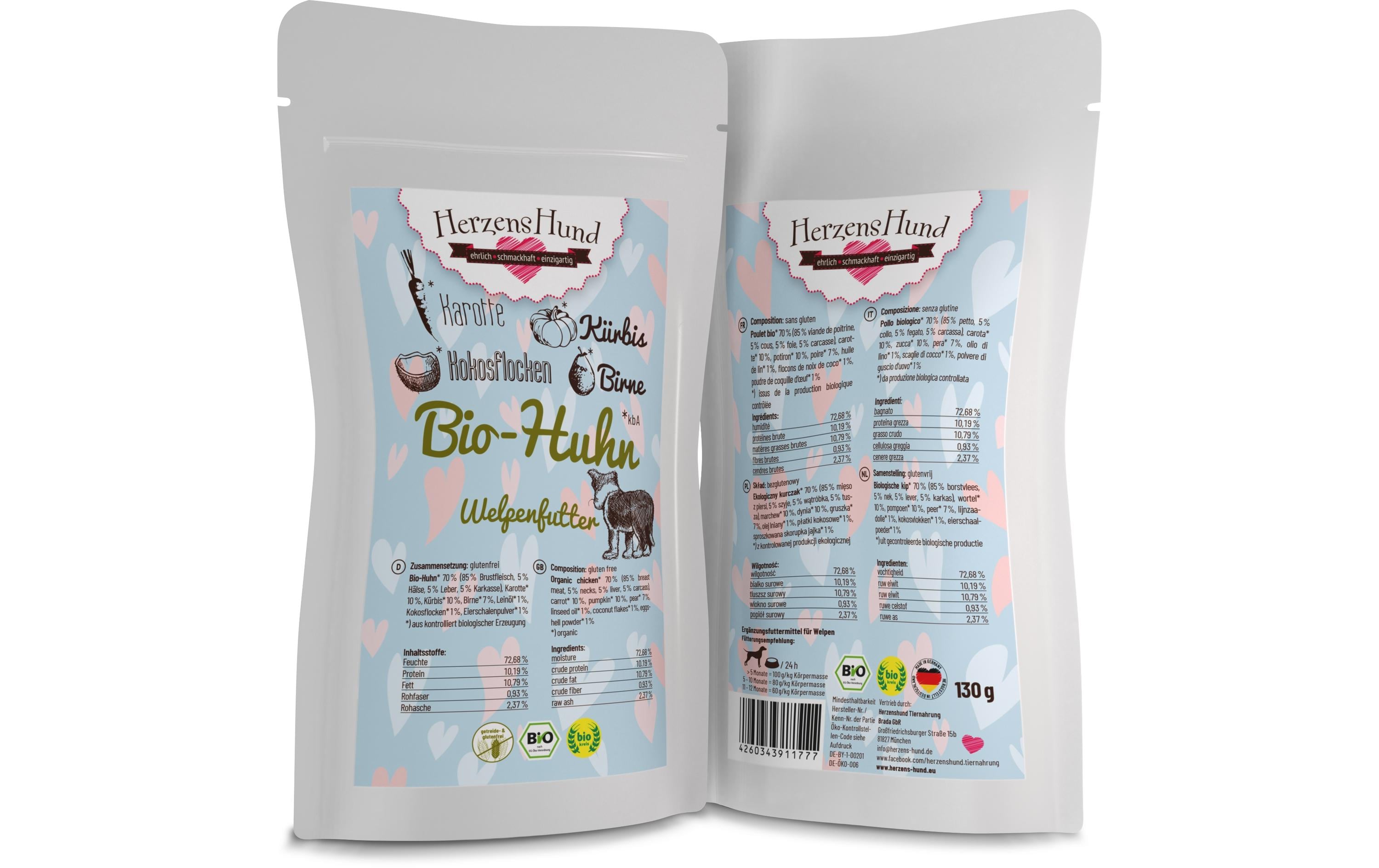 Herzenshund Welpe Bio-Huhn mit Bio-Karotte 130g