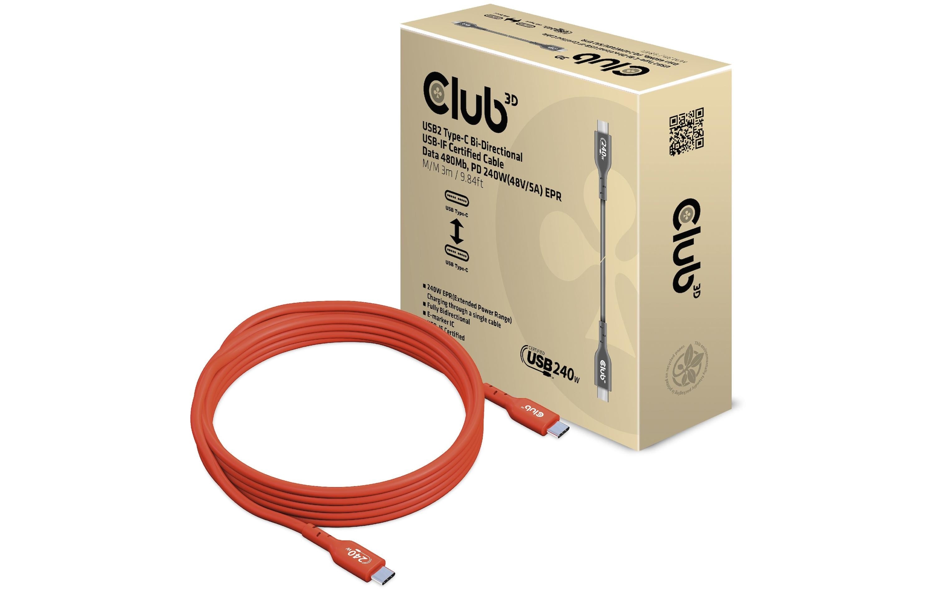 Club 3D, Kabel USB Typ-C USB-IF Zert. PD 240W, 3m