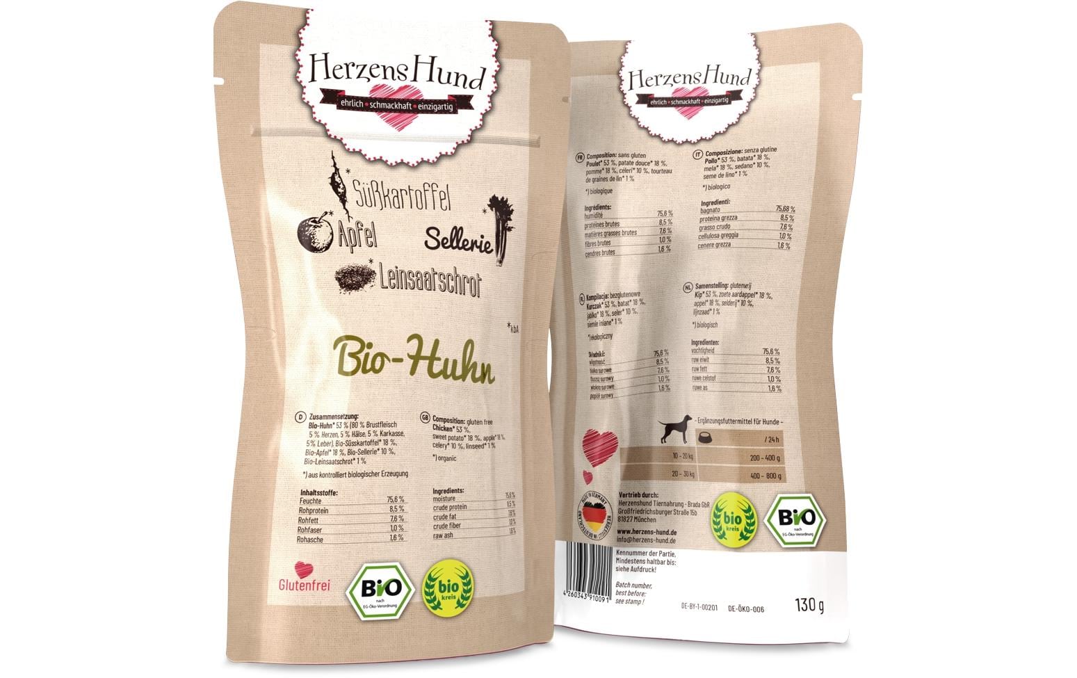 Herzenshund Bio-Huhn mit Bio-Gemüse 130g, Pouch