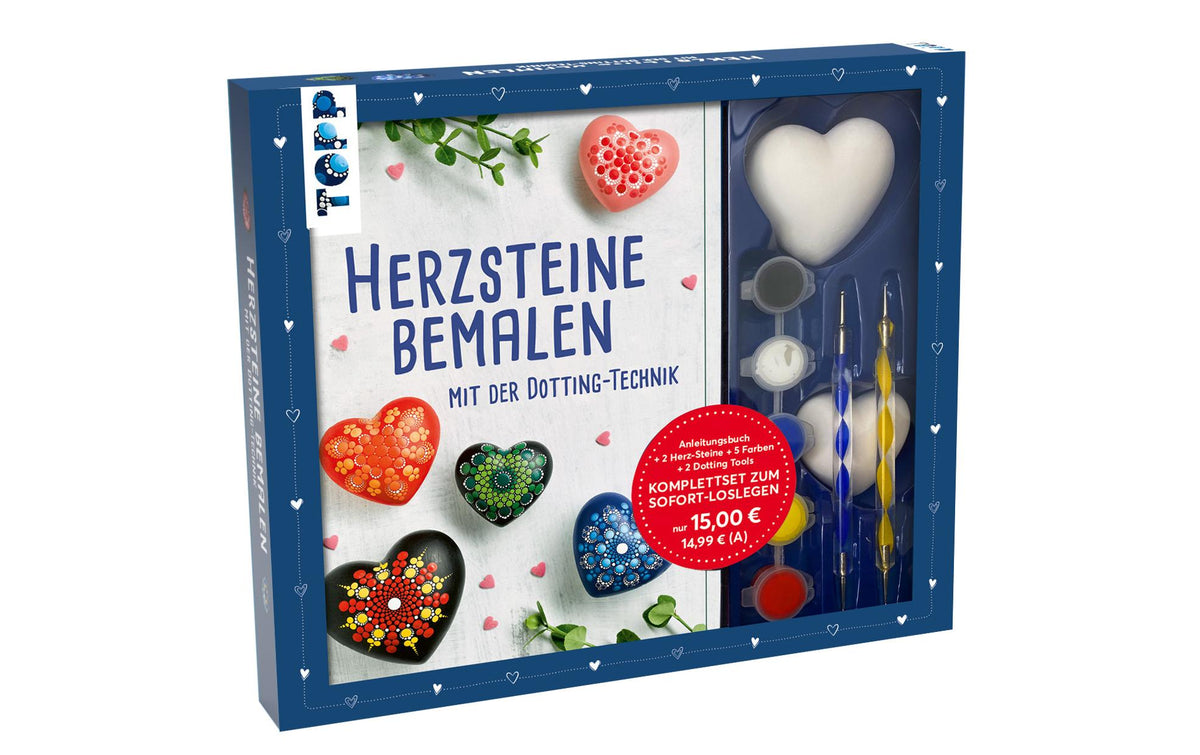 Topp Bastelset Herzsteine bemalen 48 Seiten, 2 Stein, 2 DottingTool, 4 Farben