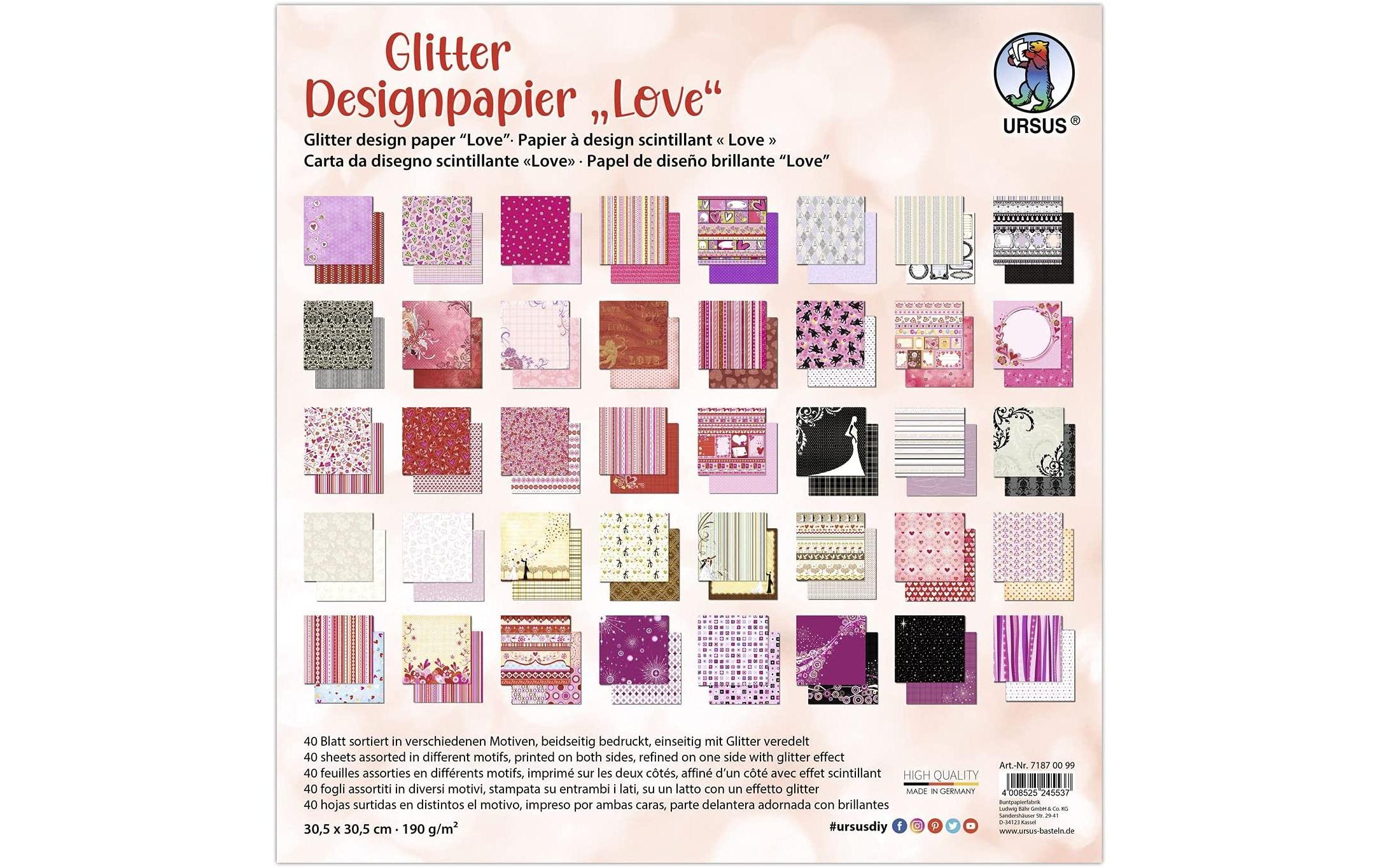 URSUS Designpapier Glitter 190 g/m2 Love 40 Blatt, 30.5 x 30.5 cm