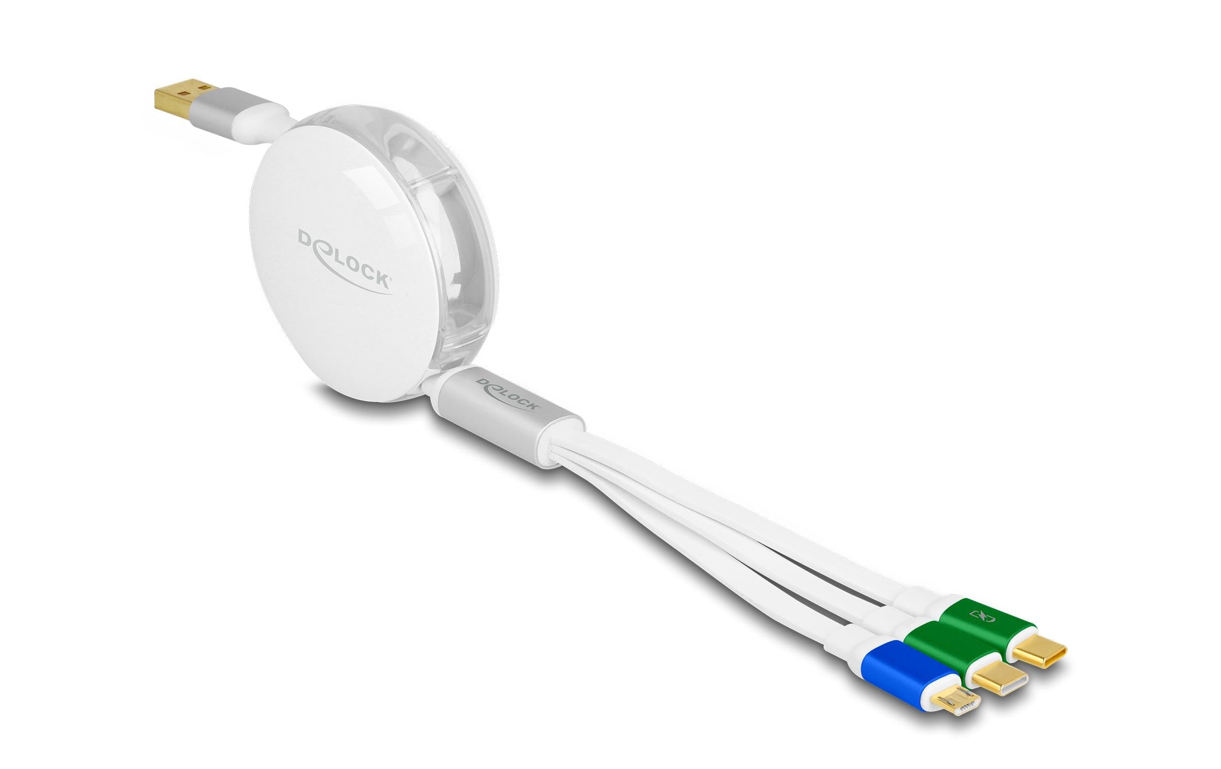 Delock USB 3 in 1 Aufrollladekabel Typ-A Mikro USB/ 2x USB-C,Ladefunktion, weiss