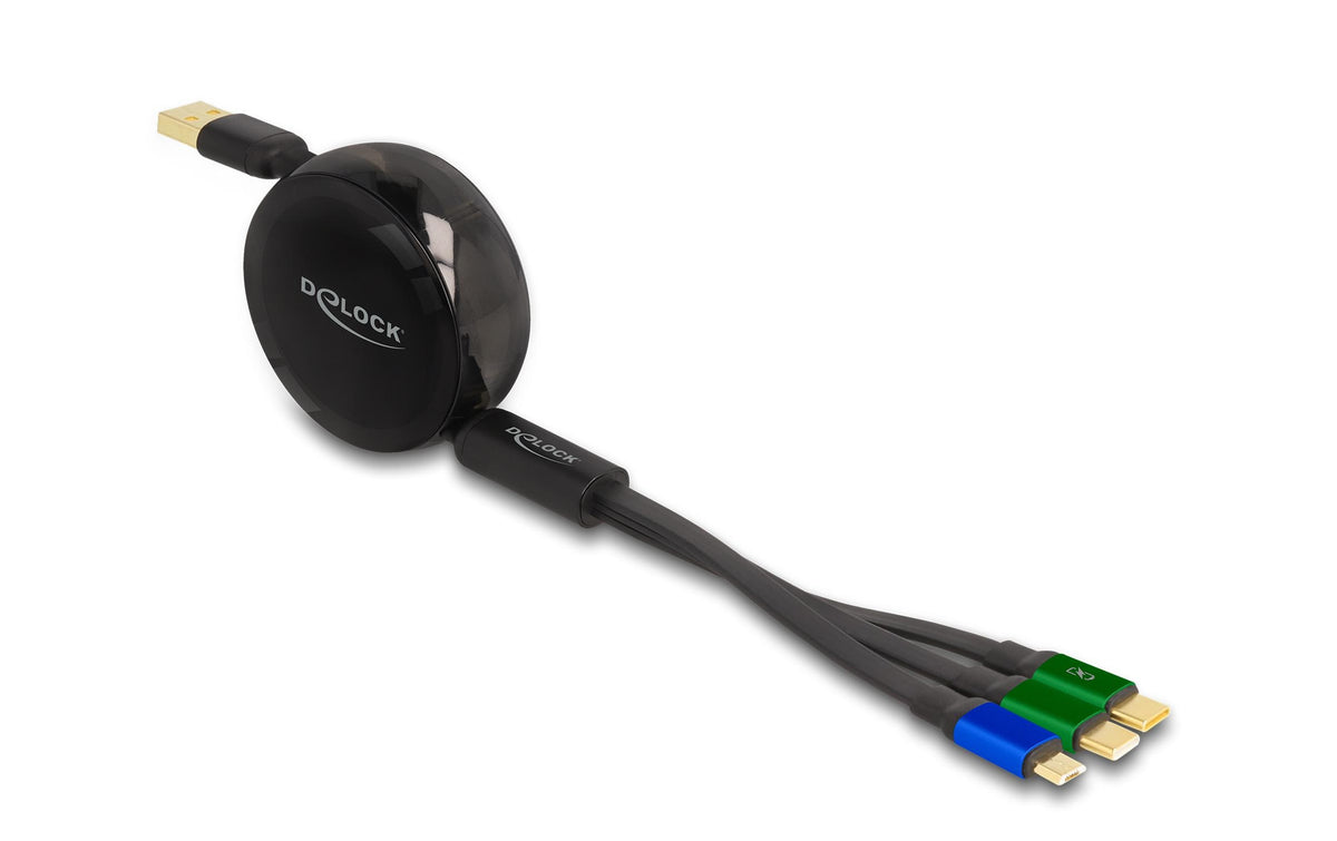 Delock USB 3 in 1 Aufrollladekabel Typ-A Mikro USB/ 2x USB-C,Ladefunktion, schwarz