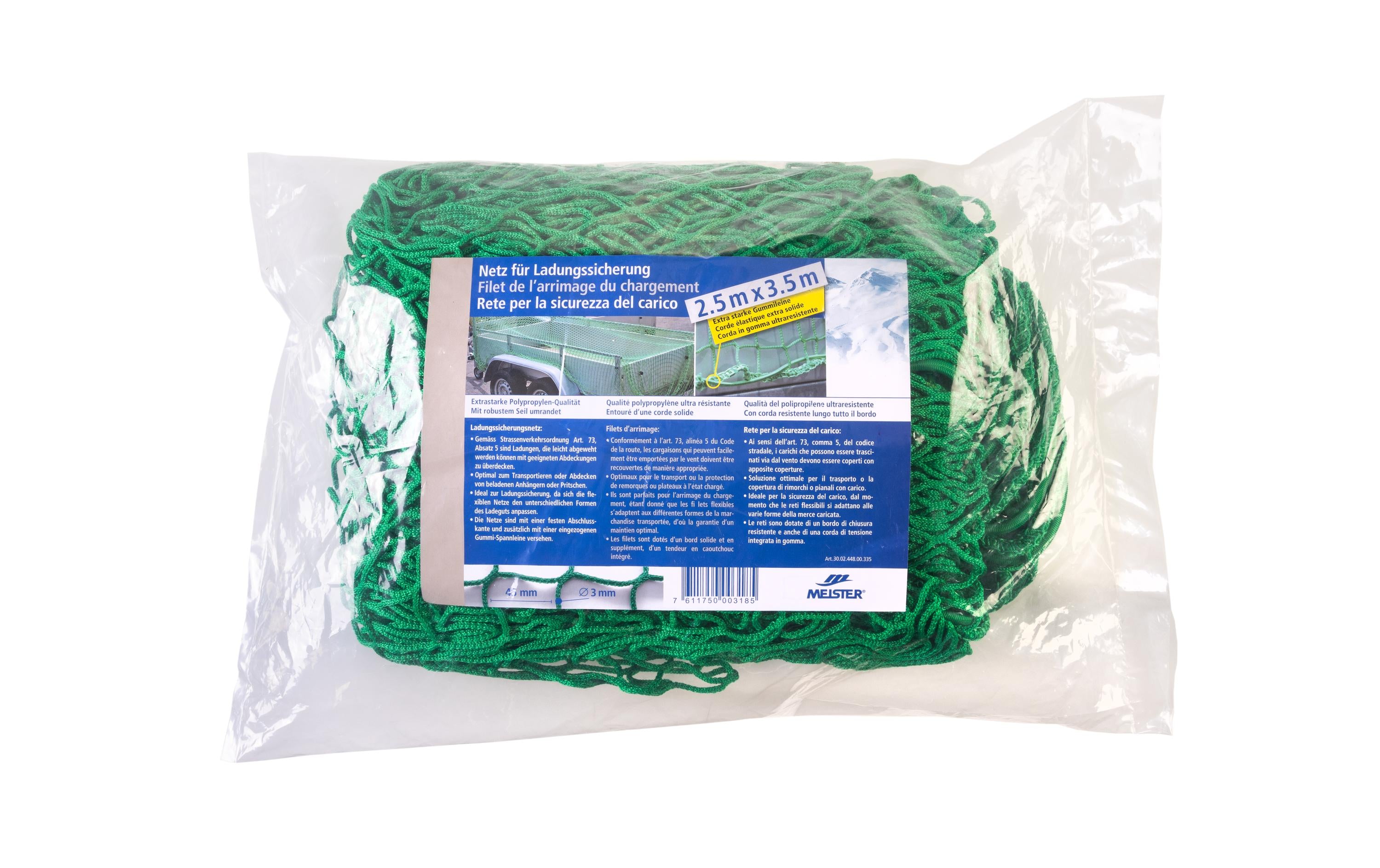 Anhängernetz PP 3mm/2.5x3.5m grün MW 45mm, knotenlos, mit elast. Seil