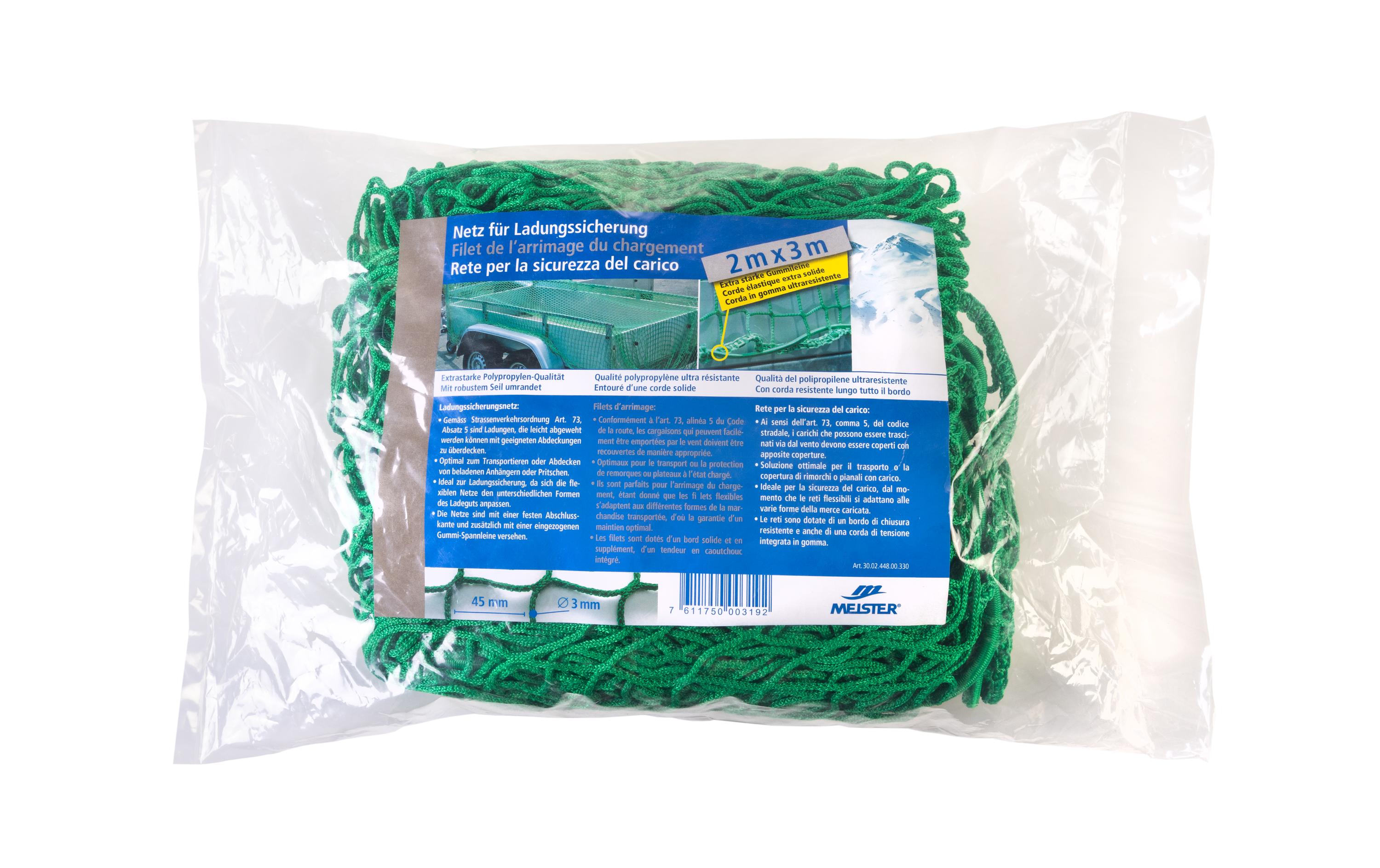 Anhängernetz PP 3mm/2x3m grün MW 45mm, knotenlos, mit elast. Seil