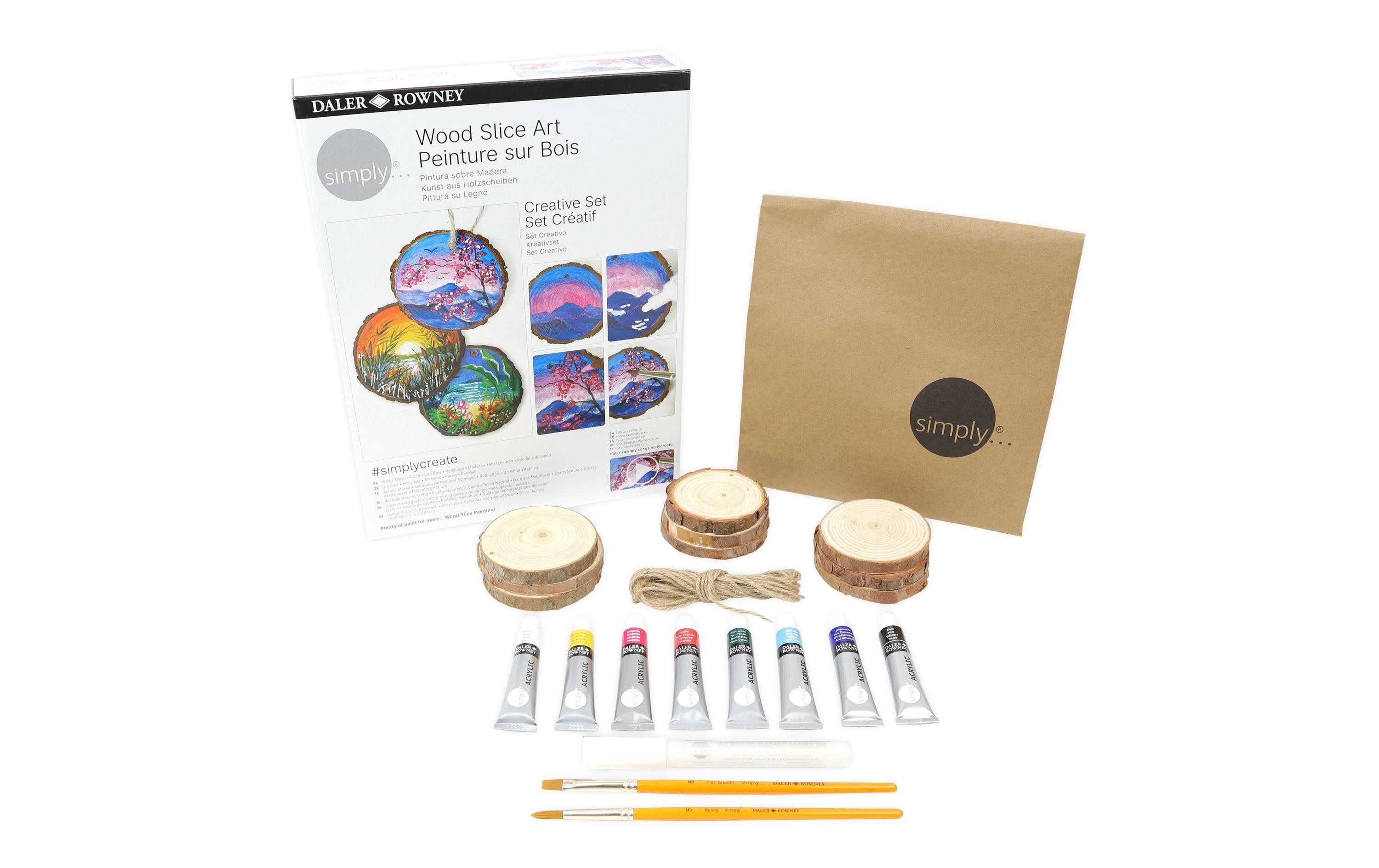 Daler Rowney Creative Set Wood Slice Art 8x12ml Acrylfarbe, 9 Holzstücke