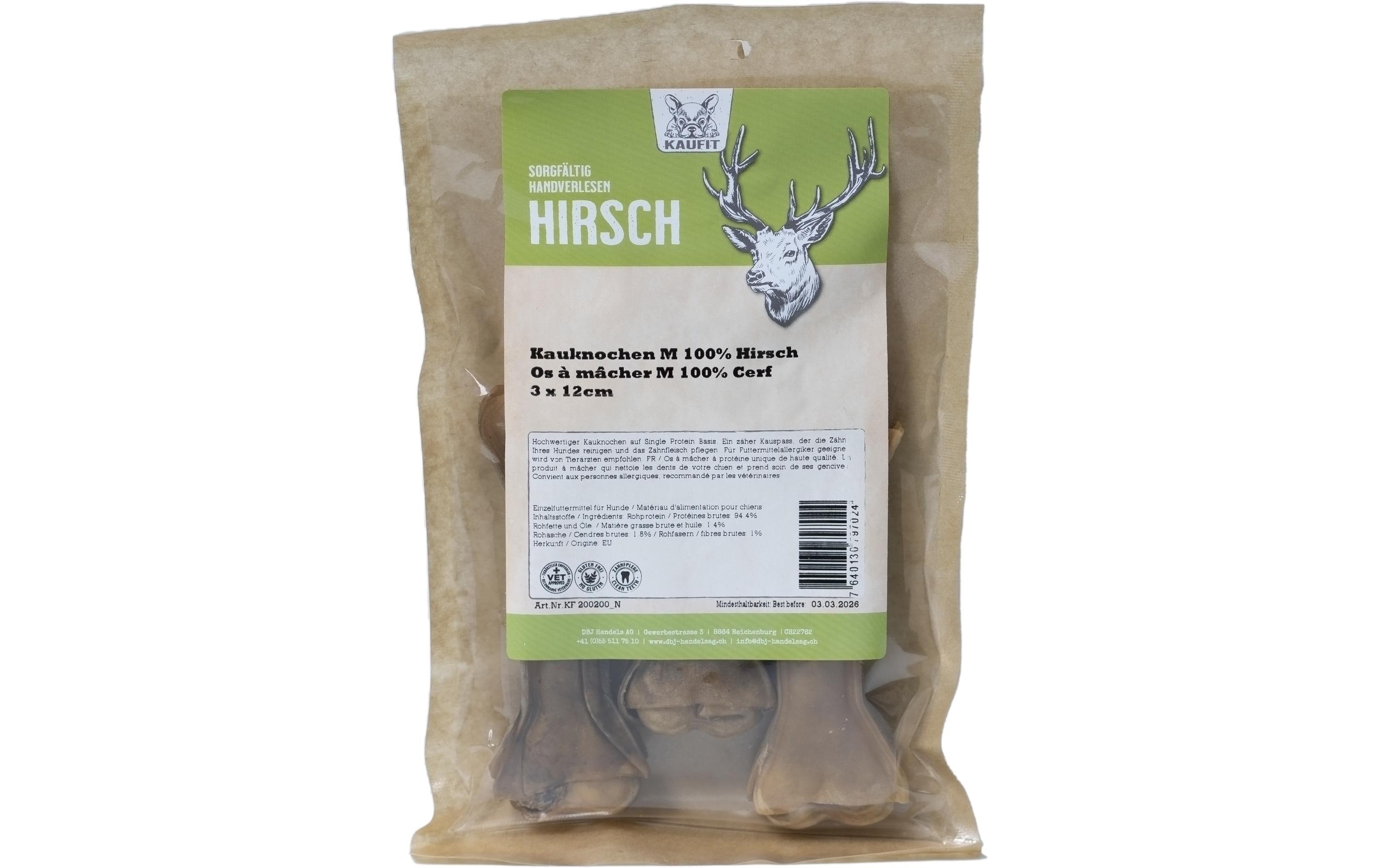 Kaufit Kauknochen Hirsch 3 x 12cm 165g