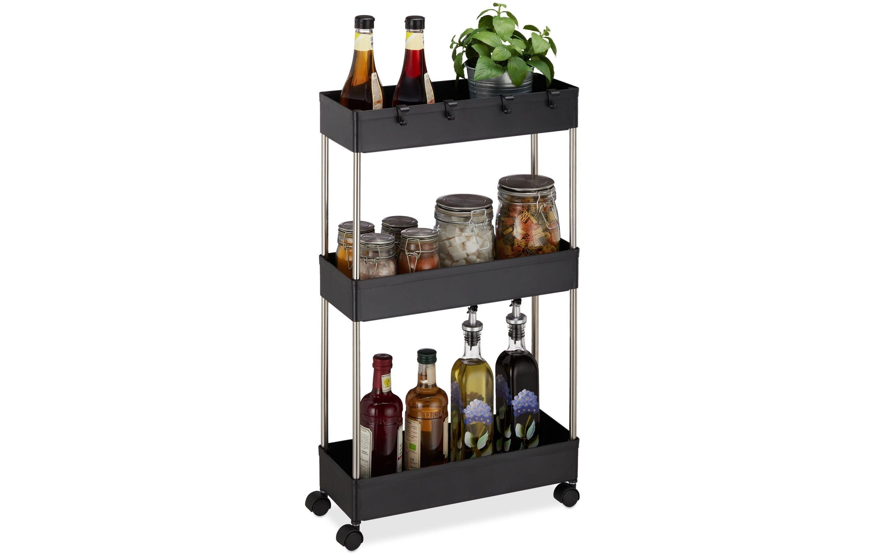 relaxdays Nischenwagen mit 3 Ablagen 70 x 15,5 x 40,5 cm, schwarz