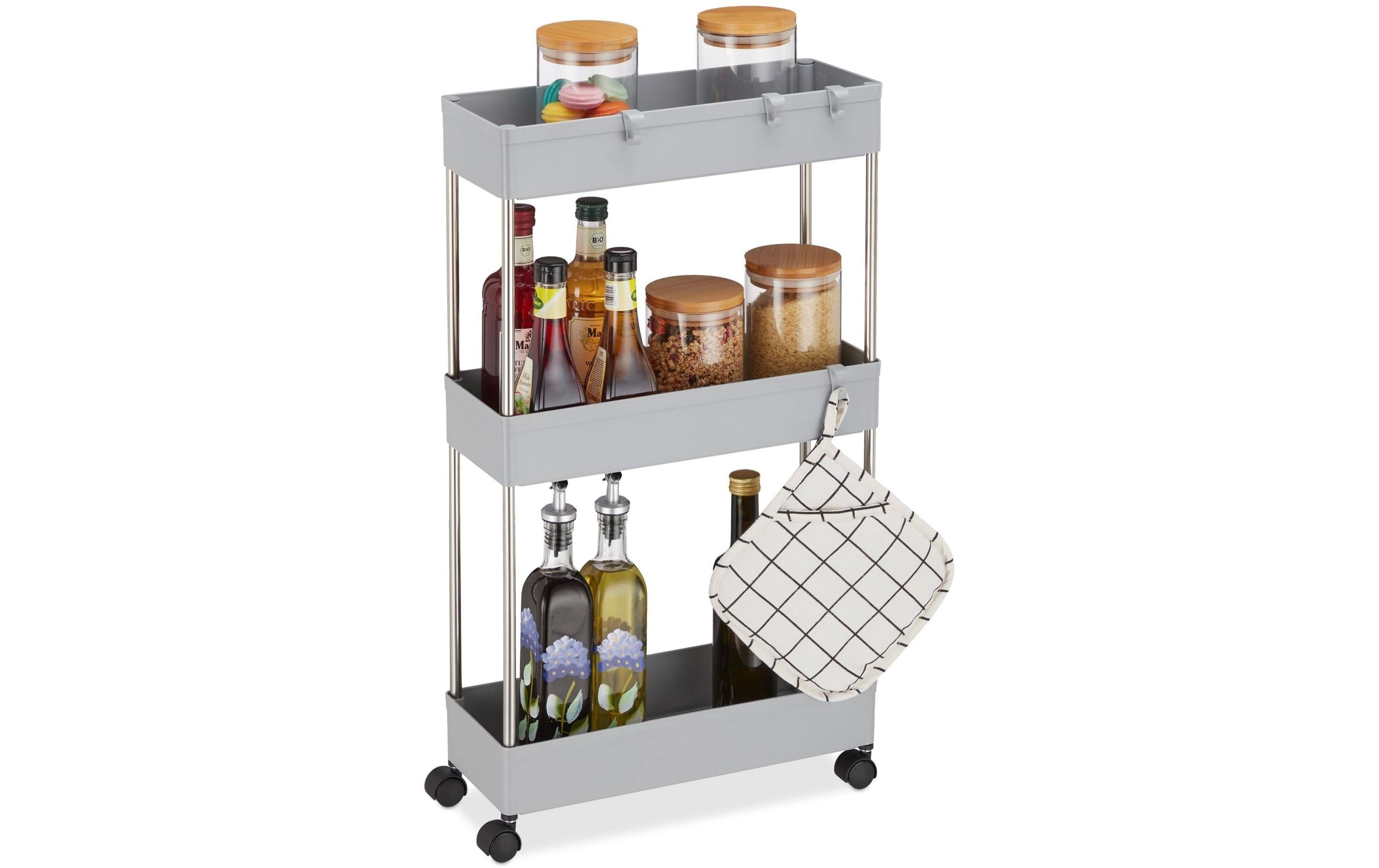 relaxdays Nischenwagen mit 3 Ablagen 70 x 15,5 x 40,5 cm, Grau
