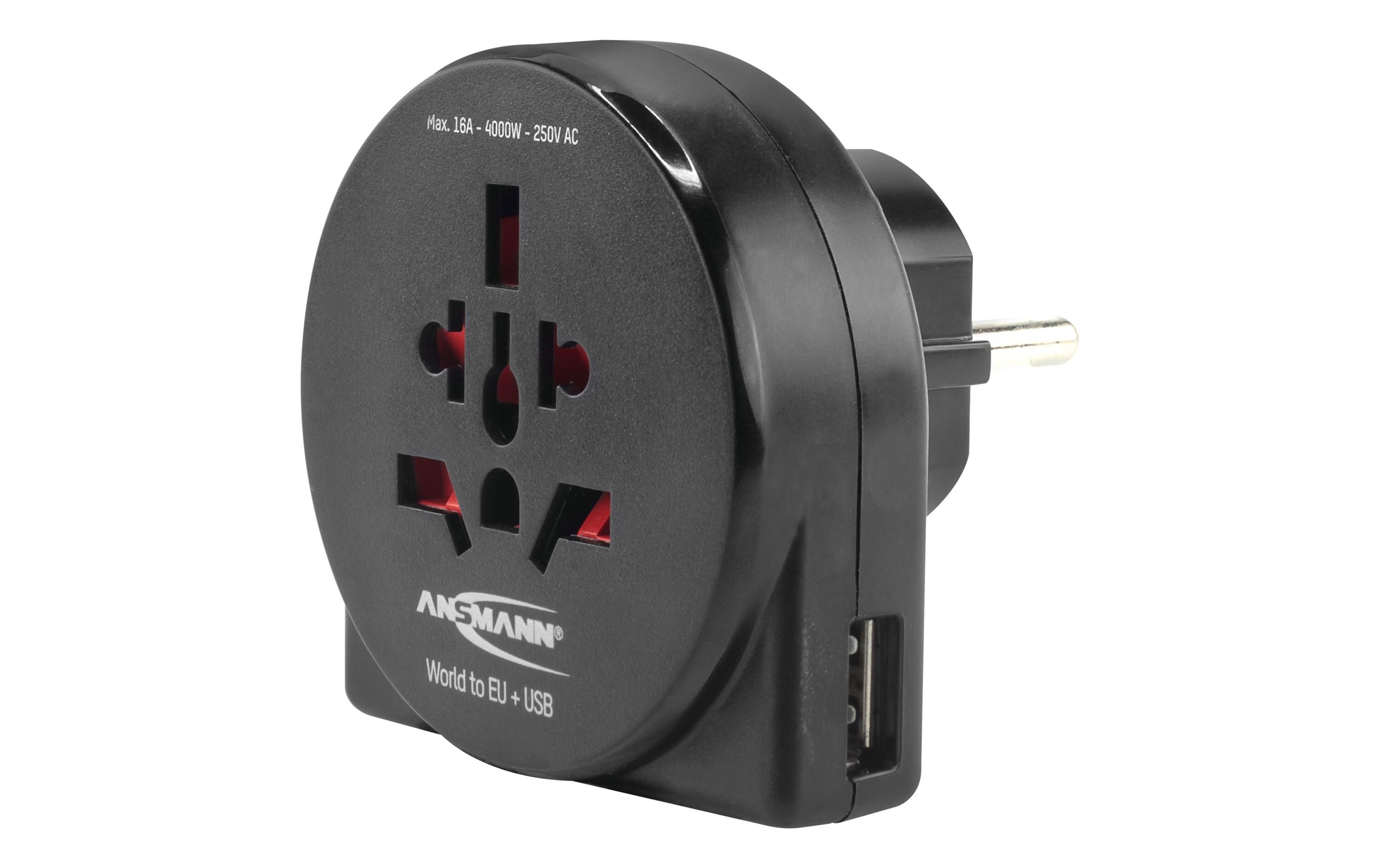Ansmann Reisestecker World to EU + USB max. 16A, USB 5V DC