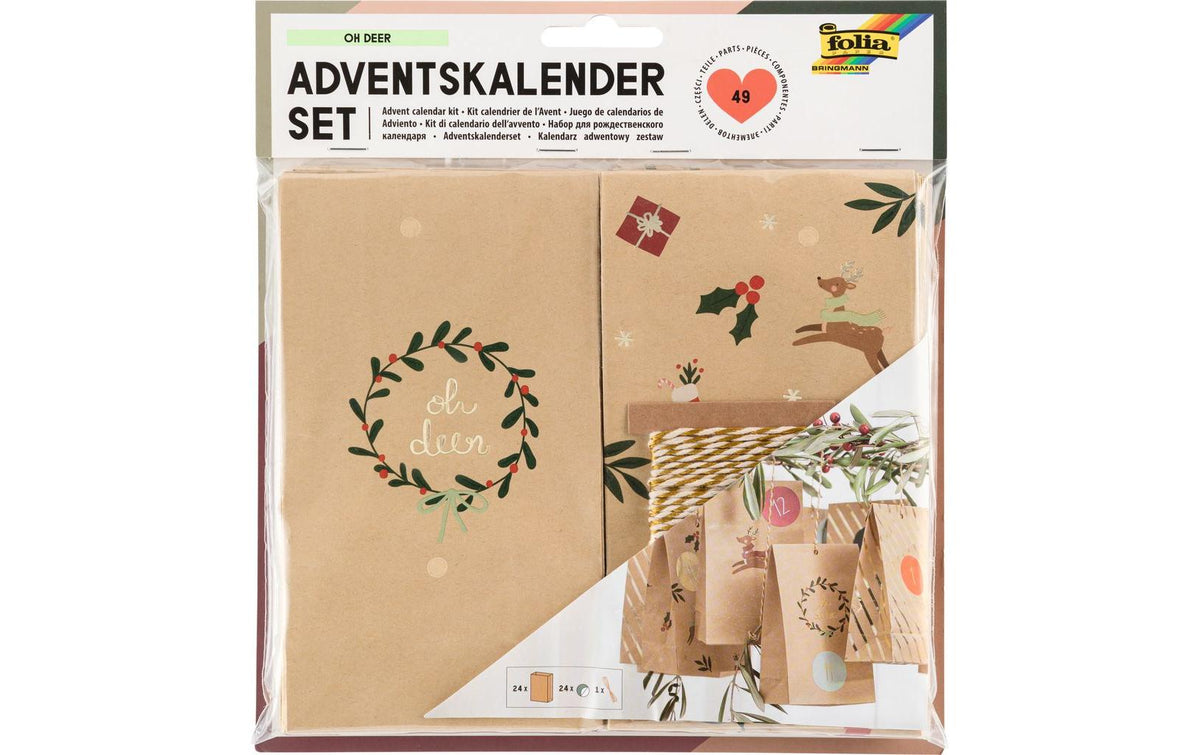 Folia Adventskalender Oh Deer 24 Tüten, Zahlensticker, Kordel