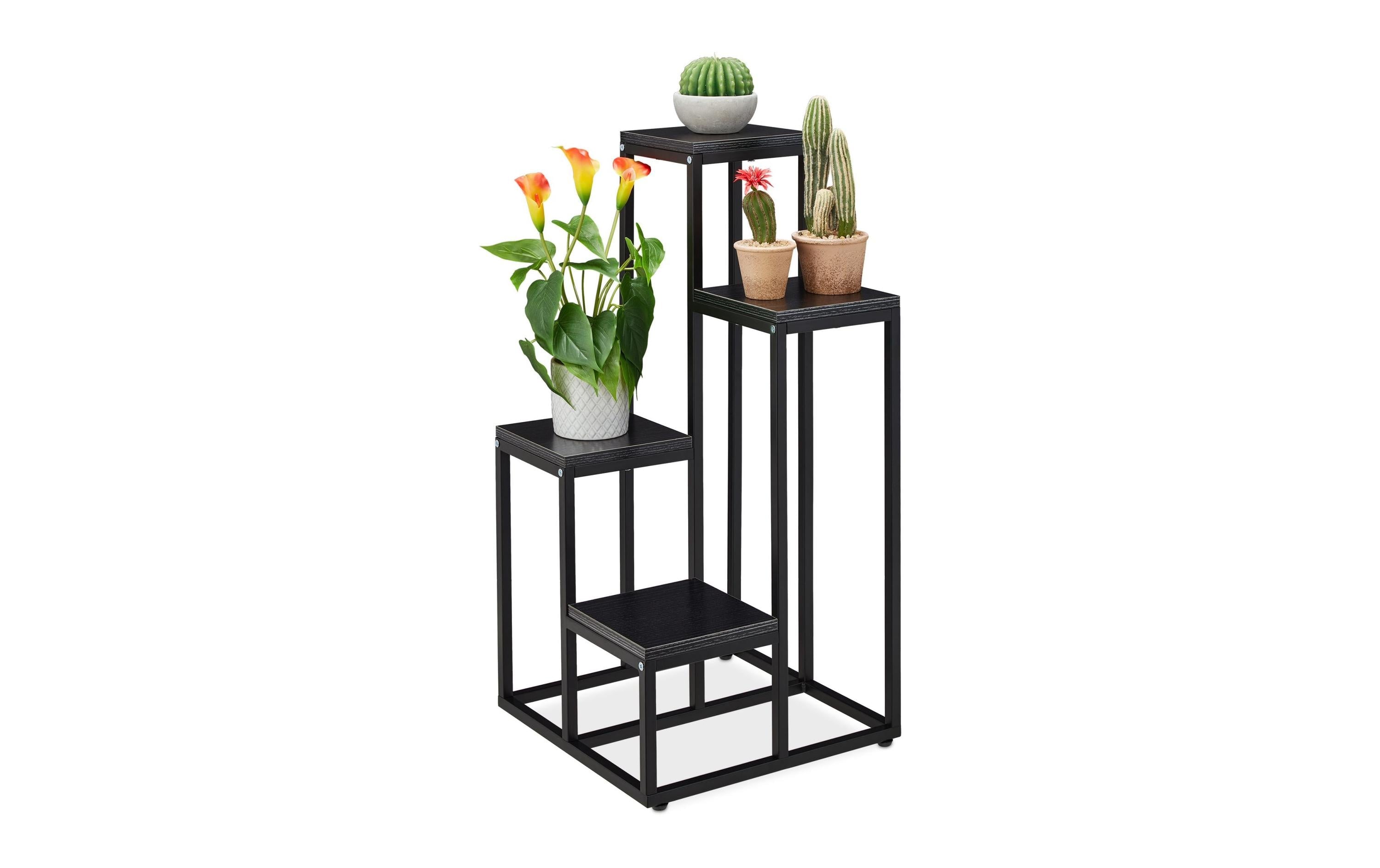 relaxdays Pflanzenständer mit 4 Ablagen MDF/Stahl, 80x40x40 cm, Schwarz